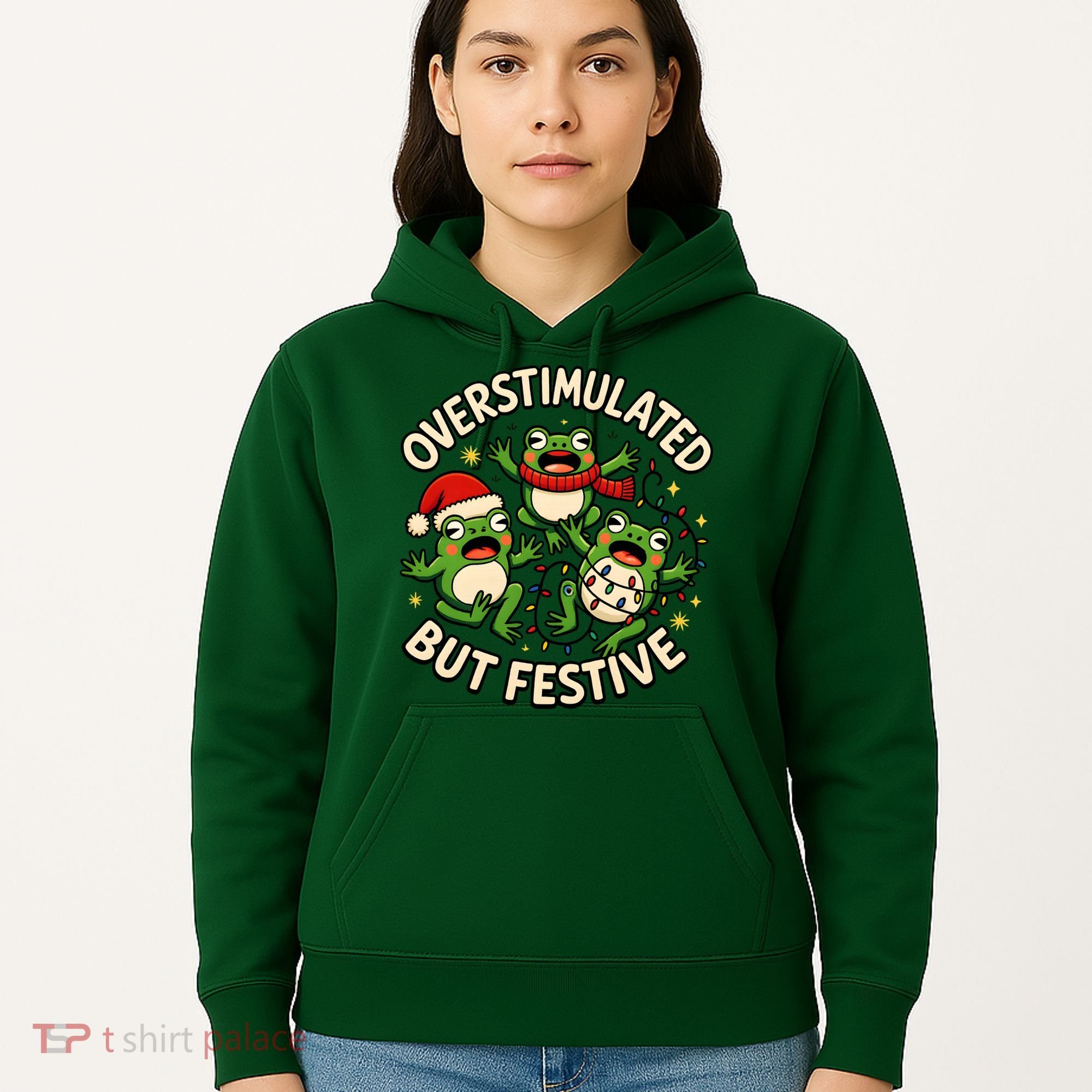Overstimulated But Festive Frogs Christmas Funny Hoodie