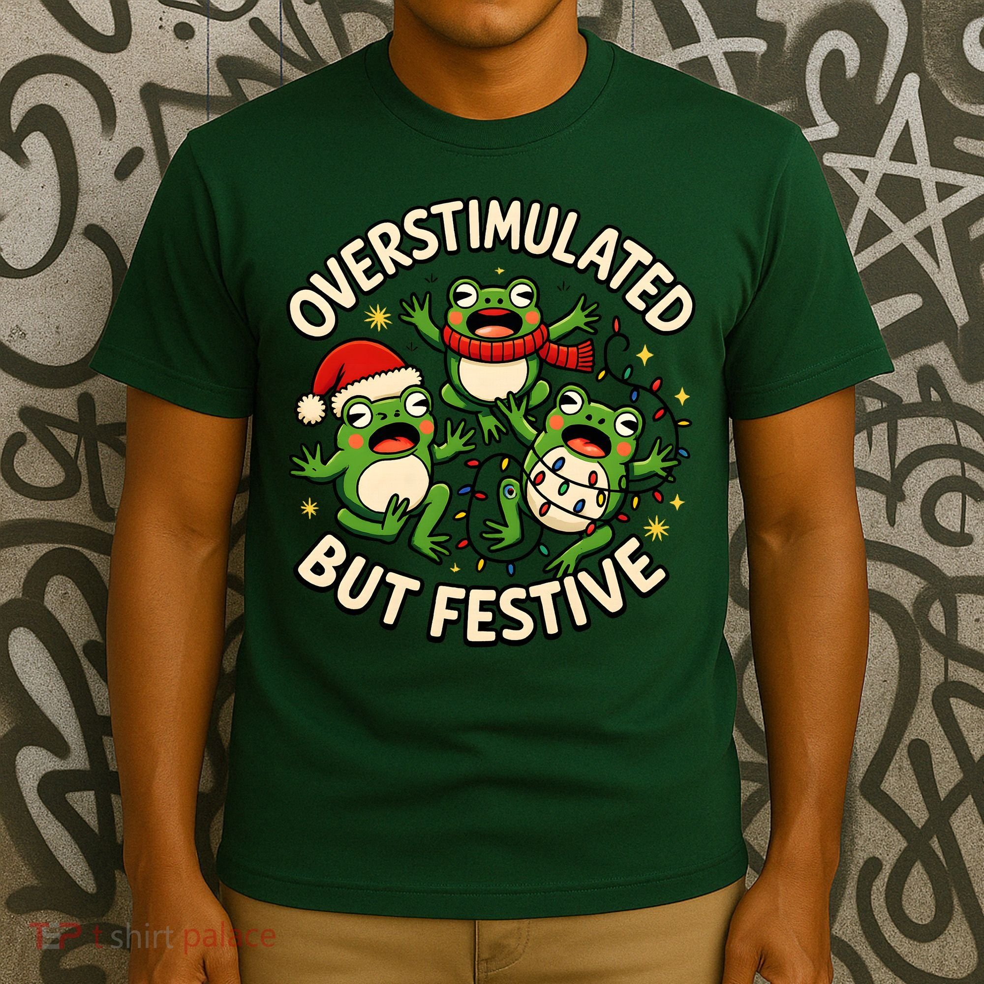 Overstimulated But Festive Frogs Christmas Funny T-Shirt