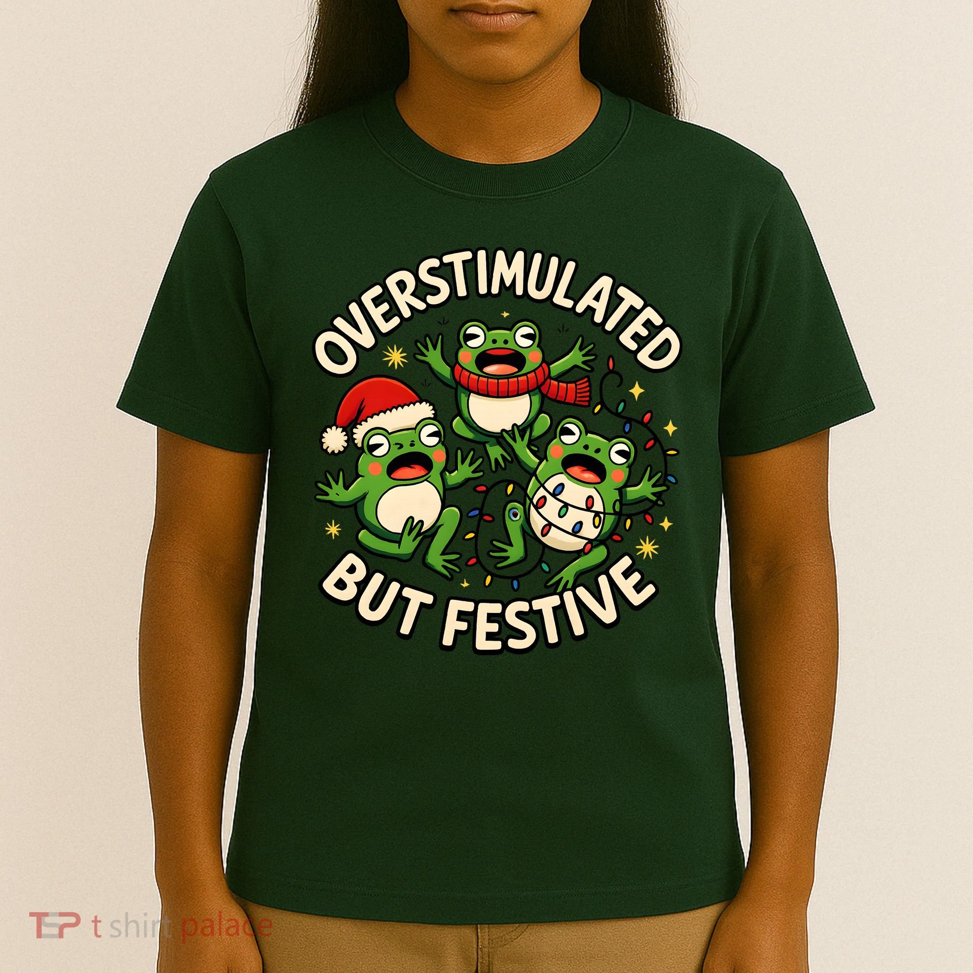 Overstimulated But Festive Frogs Christmas Funny T-Shirt