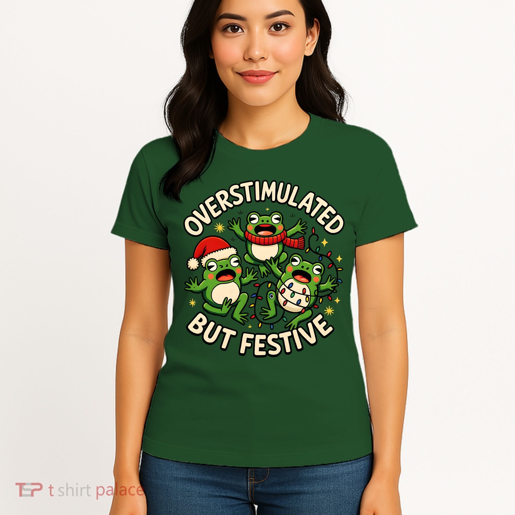 Overstimulated But Festive Frogs Christmas Funny Women's T-Shirt
