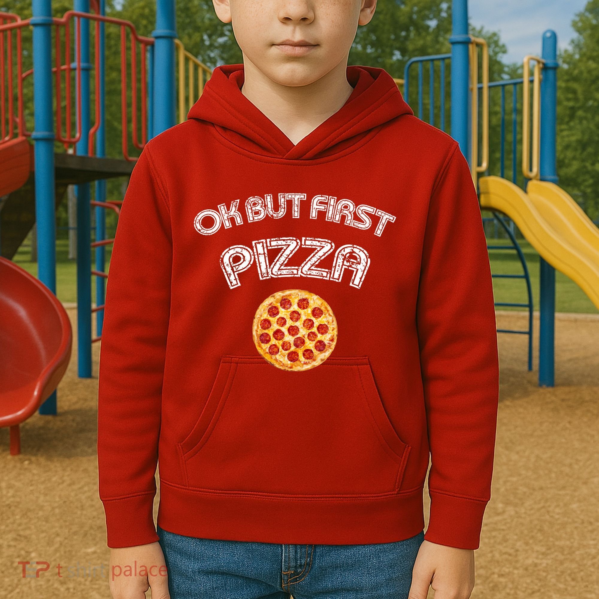 Ok But First Pizza Kids Hoodie