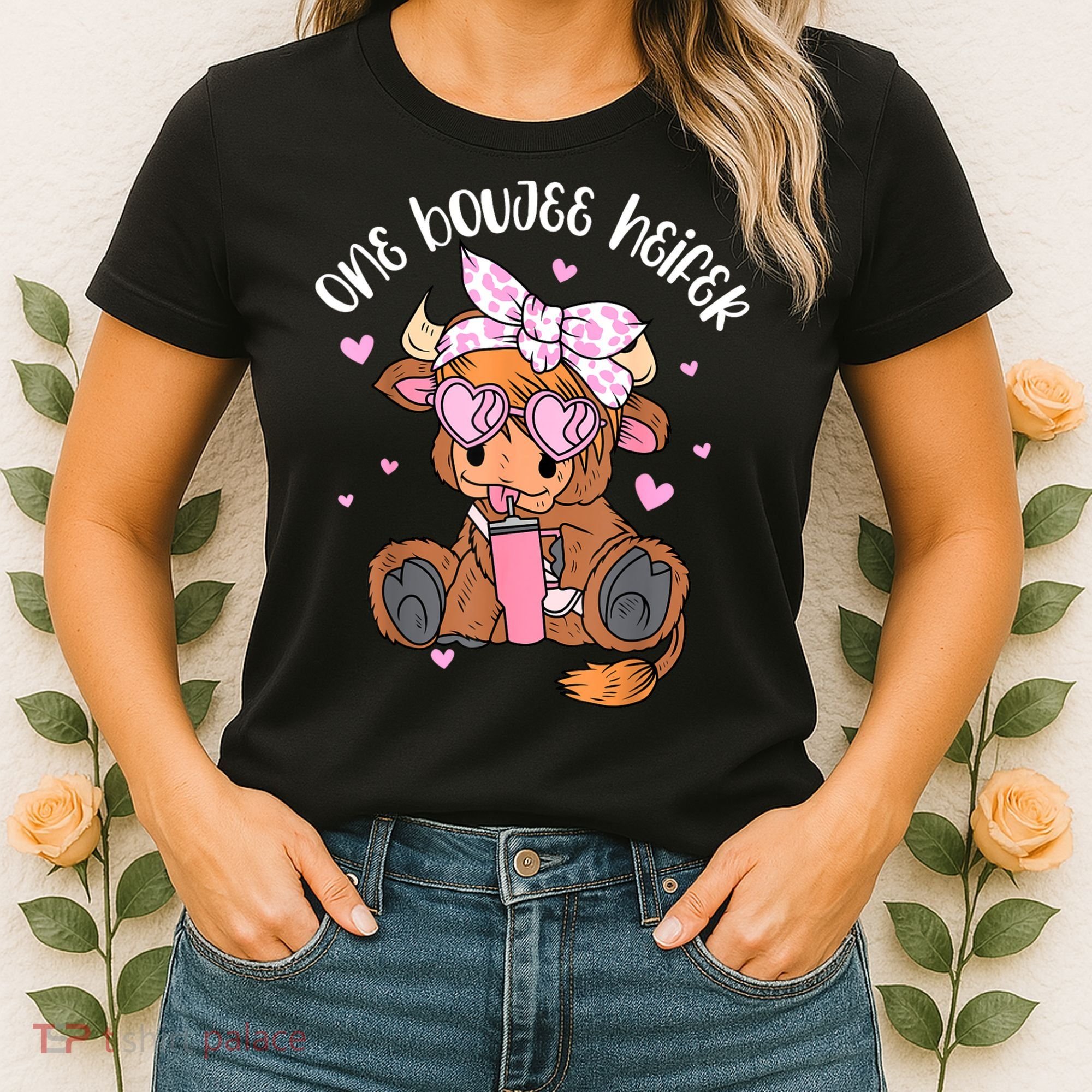 One Boujee Heifer Highland Cow Tumbler Happy ValentineS Day Women's T-Shirt