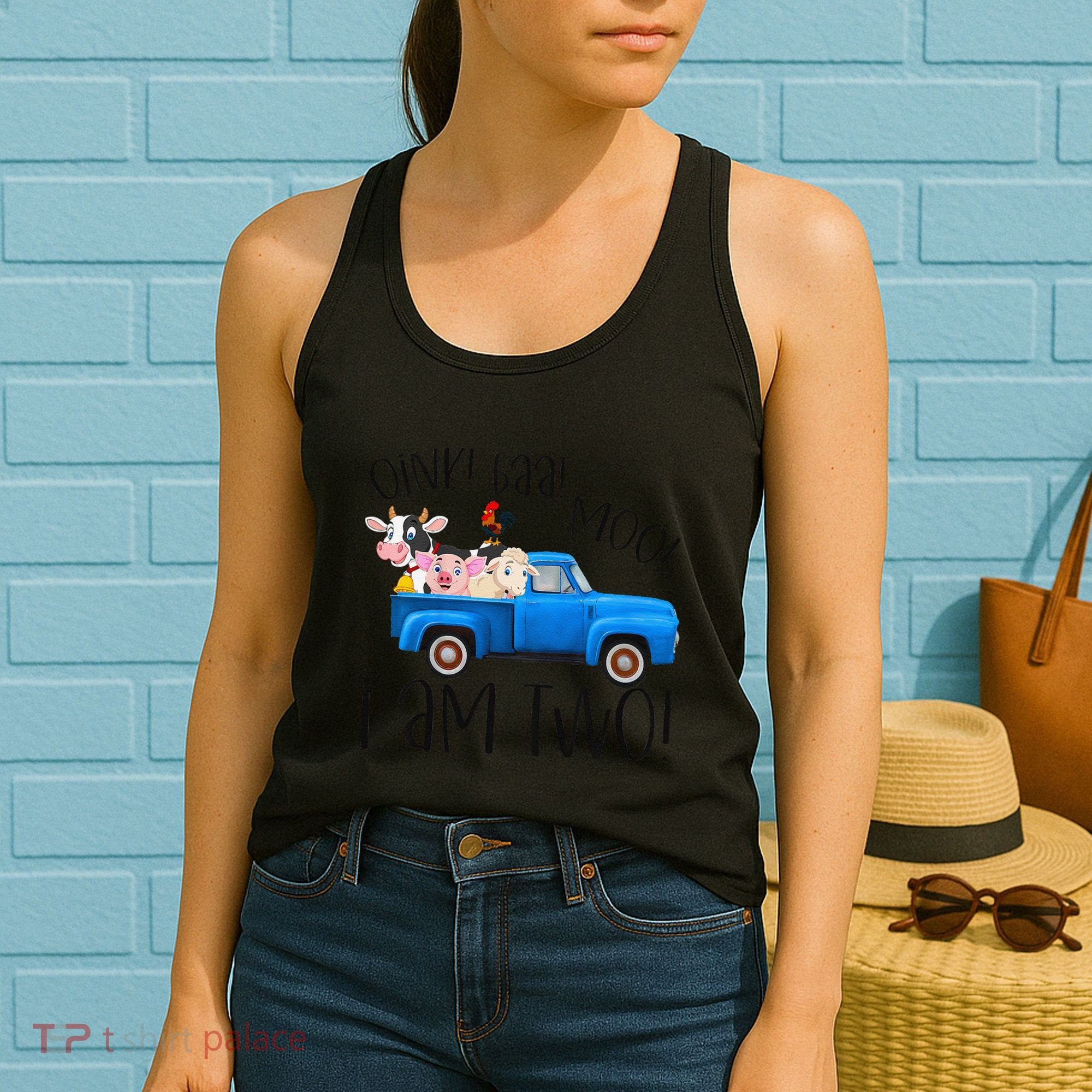 Oink Baa Moo I Am Two Farm Animals Blue Truck Birthday Boy Women's Tank Top