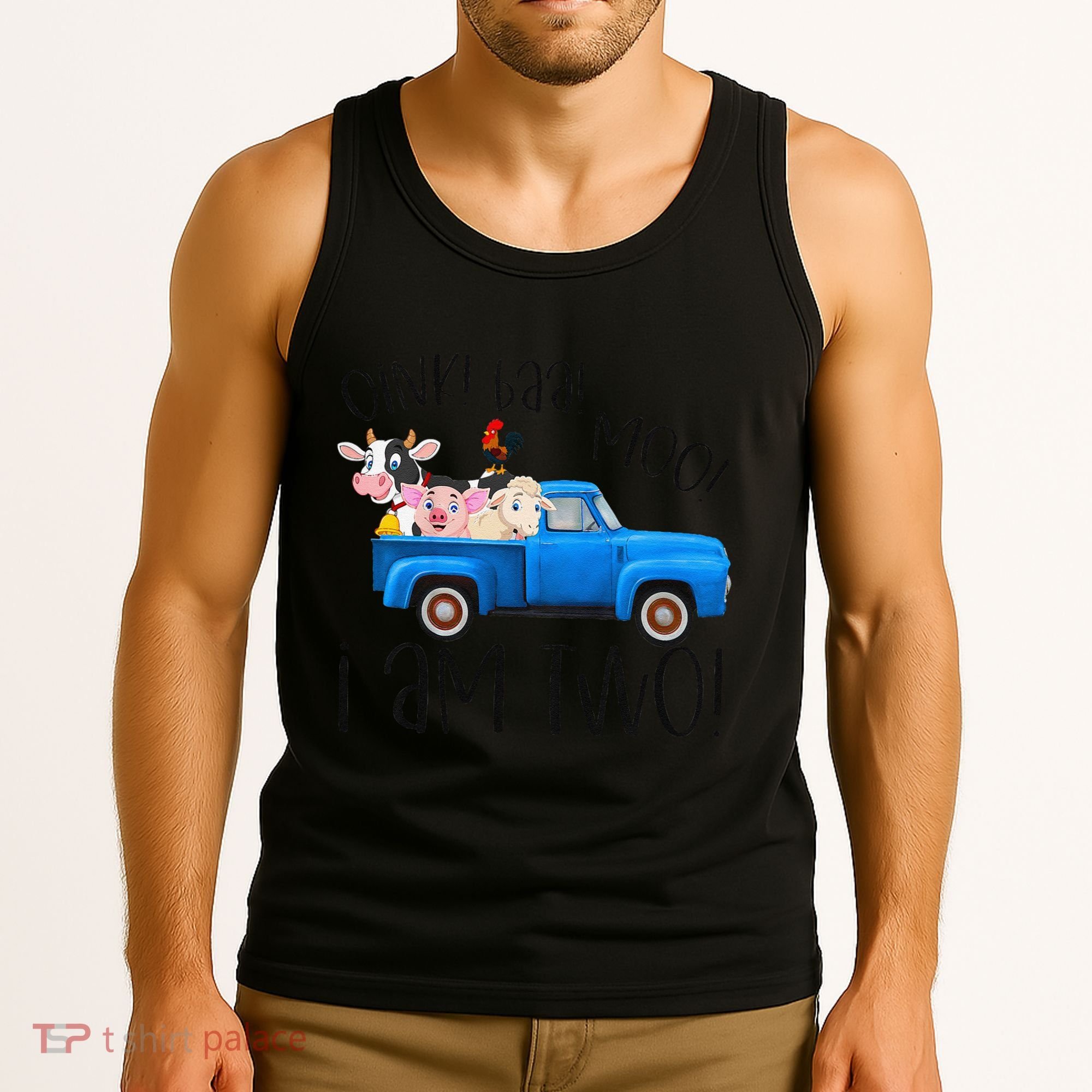 Oink Baa Moo I Am Two Farm Animals Blue Truck Birthday Boy Tank Top