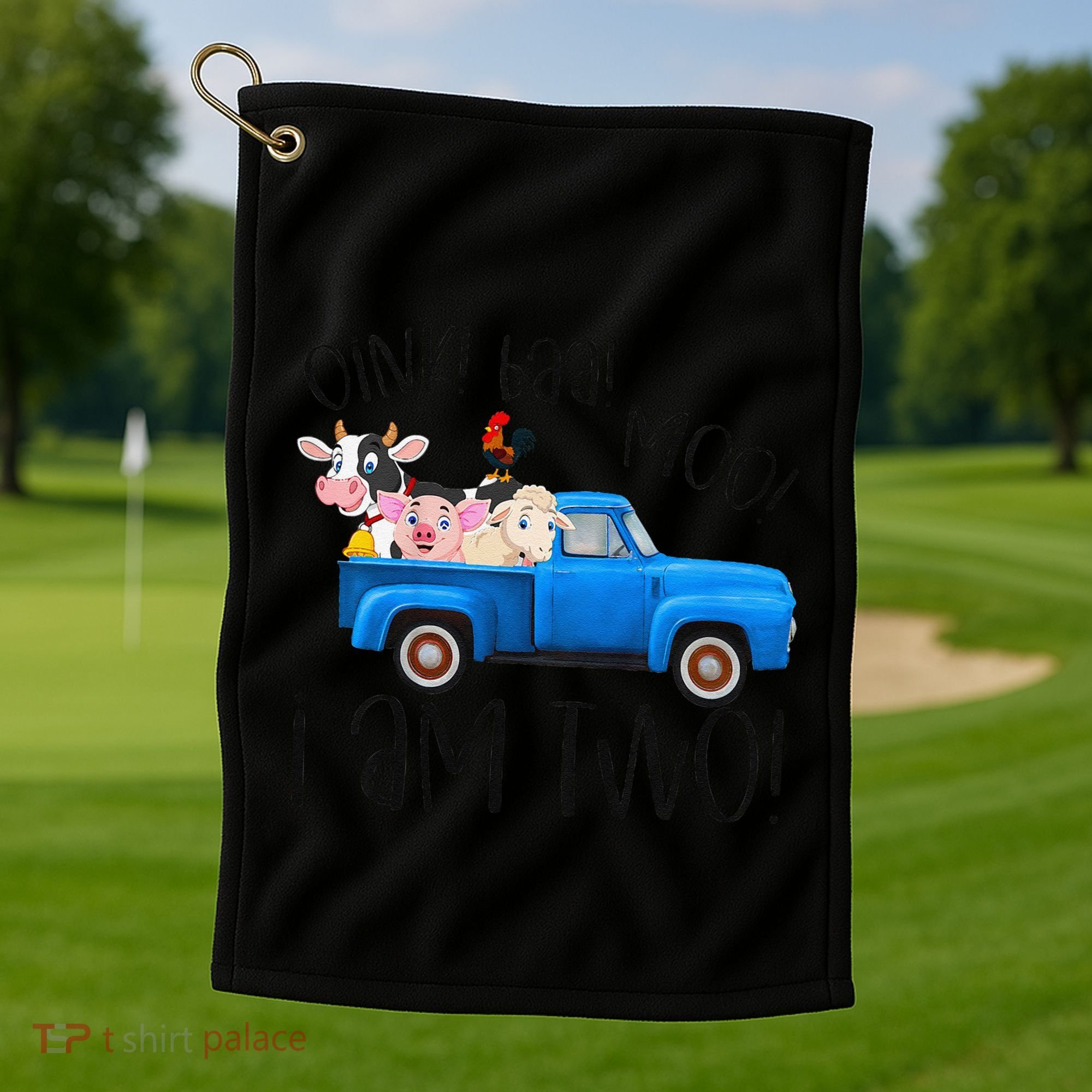 Oink Baa Moo I Am Two Farm Animals Blue Truck Birthday Boy Golf Towel