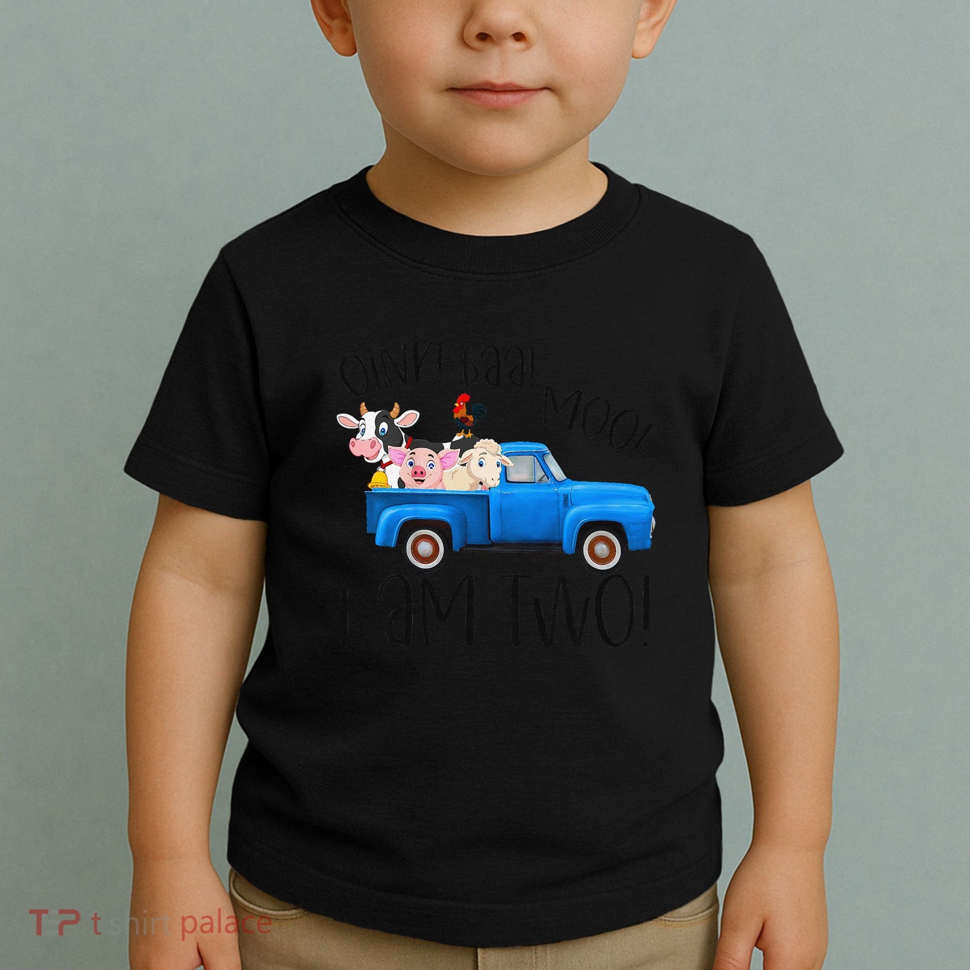 Oink Baa Moo I Am Two Farm Animals Blue Truck Birthday Boy Toddler T-Shirt