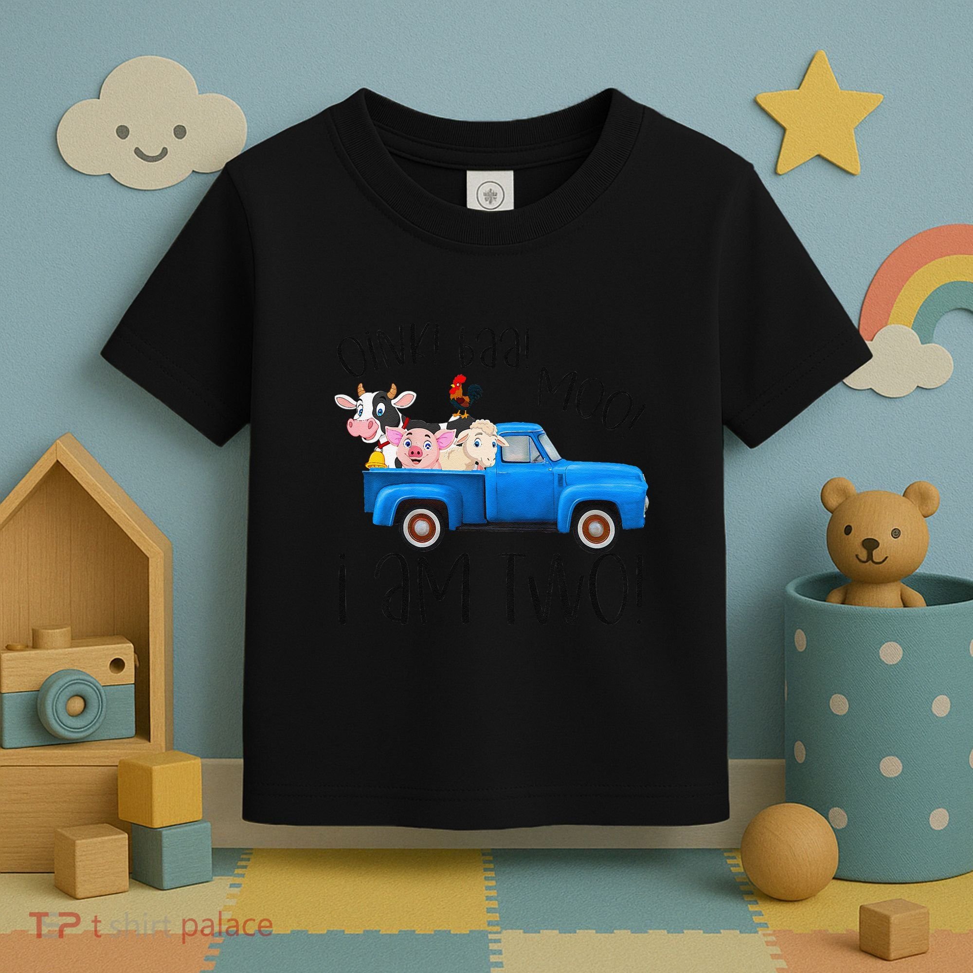 Oink Baa Moo I Am Two Farm Animals Blue Truck Birthday Boy Toddler T-Shirt