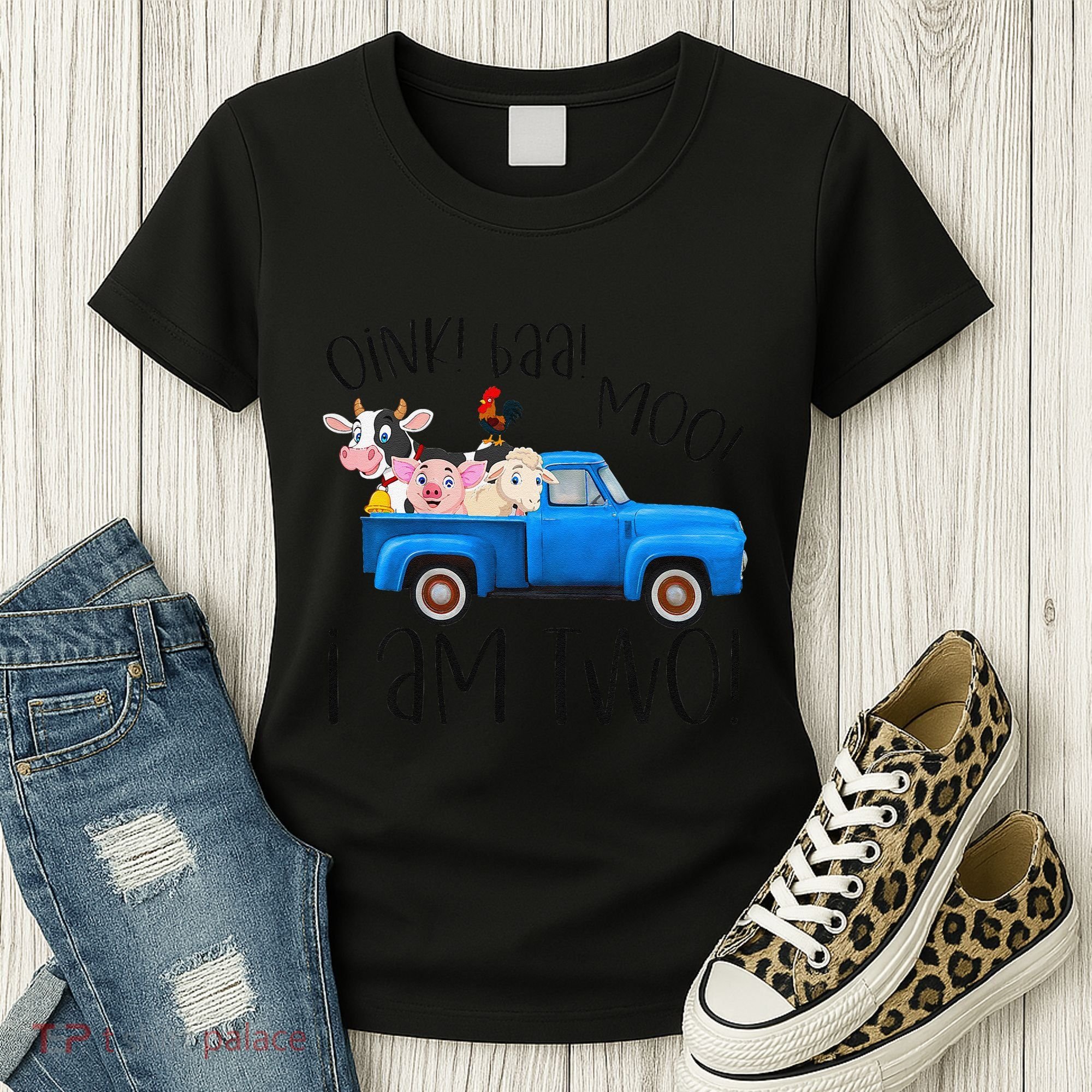 Oink Baa Moo I Am Two Farm Animals Blue Truck Birthday Boy Women's T-Shirt