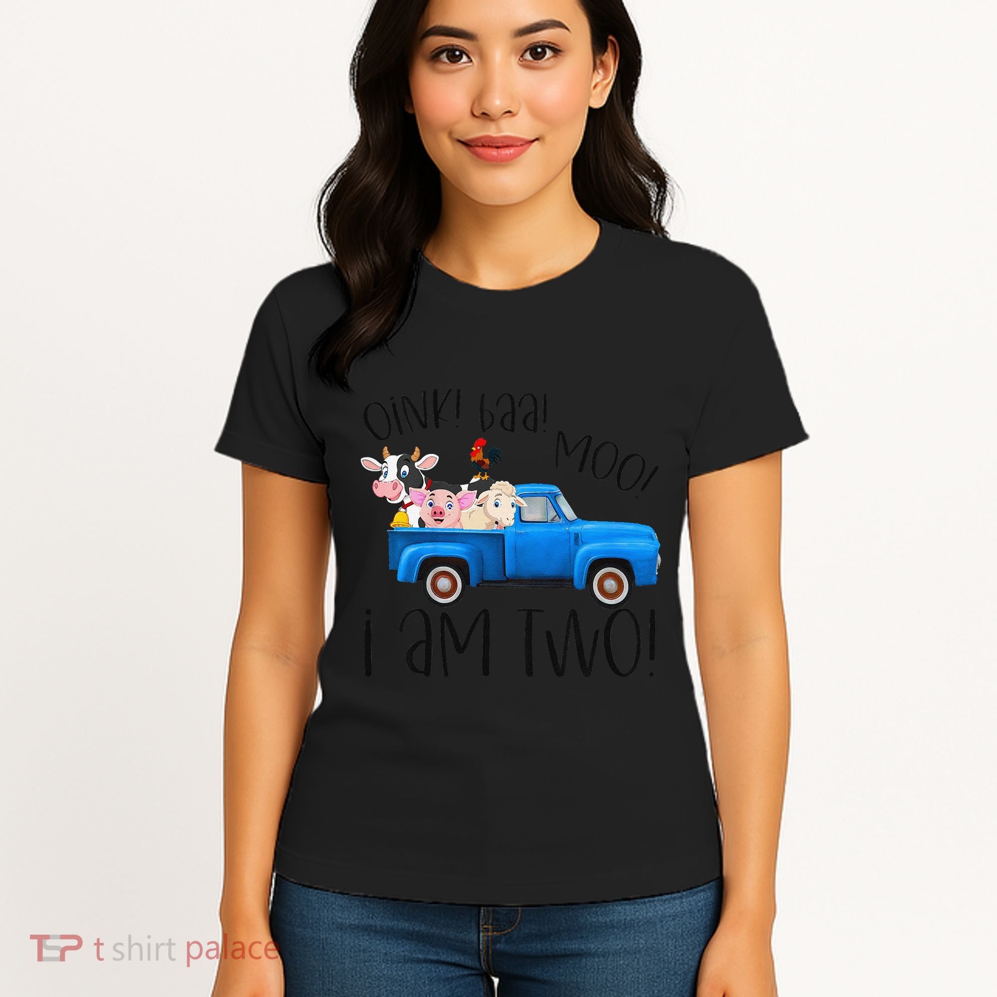Oink Baa Moo I Am Two Farm Animals Blue Truck Birthday Boy Women's T-Shirt