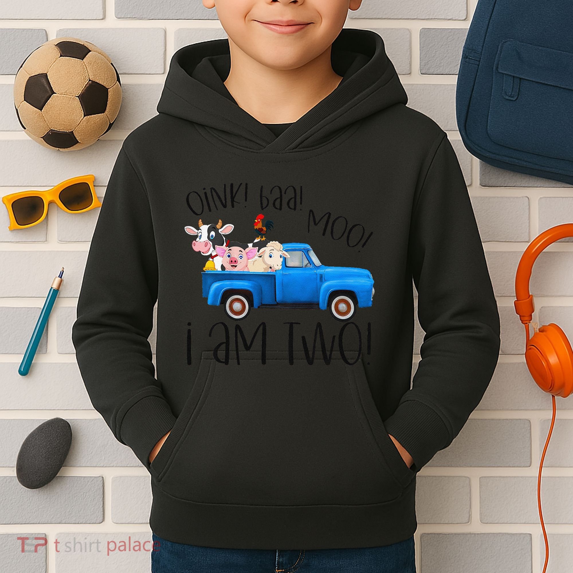 Oink Baa Moo I Am Two Farm Animals Blue Truck Birthday Boy Kids Hoodie