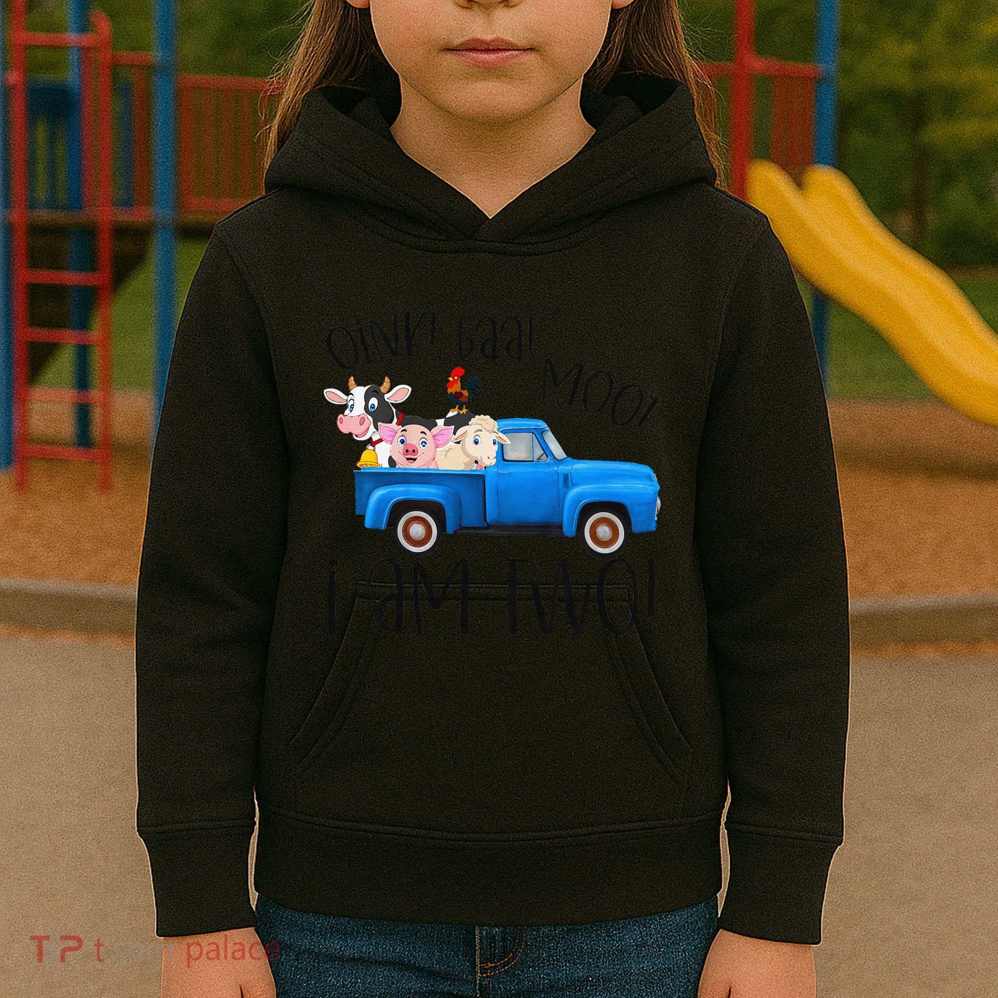 Oink Baa Moo I Am Two Farm Animals Blue Truck Birthday Boy Kids Hoodie