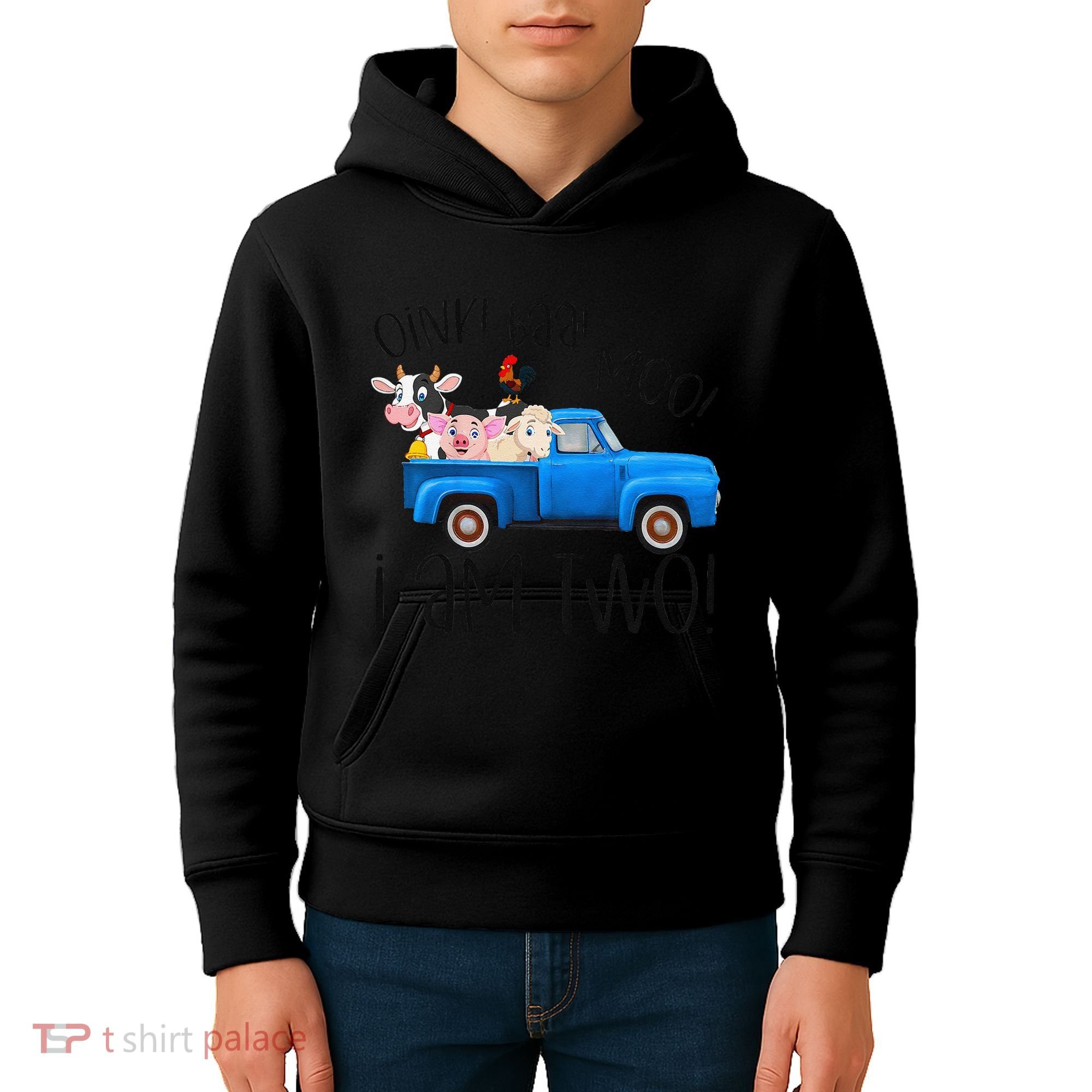 Oink Baa Moo I Am Two Farm Animals Blue Truck Birthday Boy Kids Hoodie