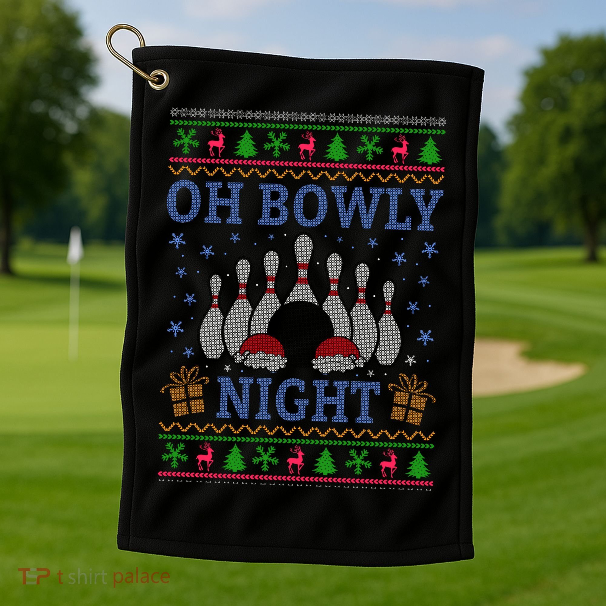 Oh Bowly Night Bowling Ugly Christmas Golf Towel