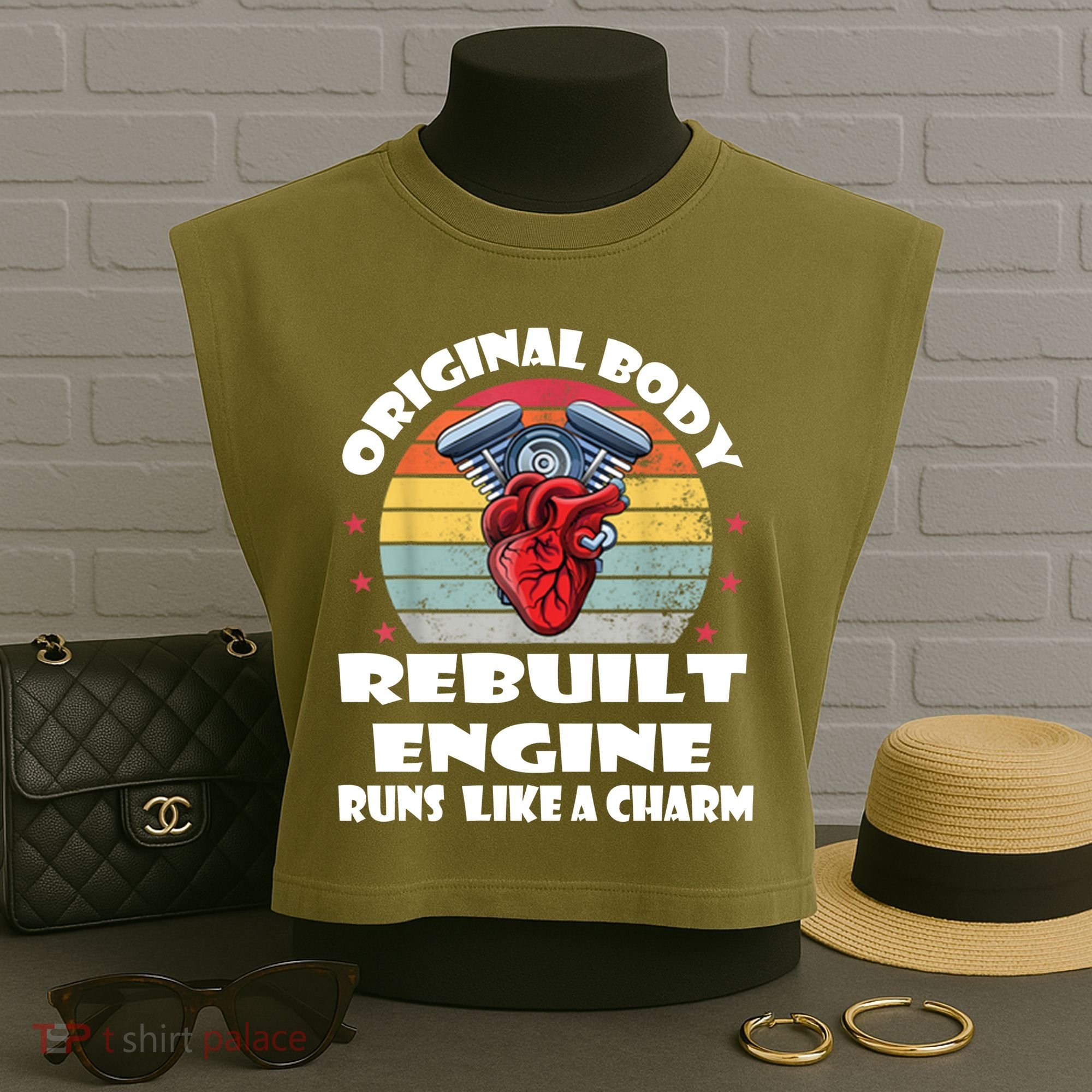 Original Body Rebuilt Engine Runs Like A Charm Car Engine Heart Garment-Dyed Women's Muscle Tee