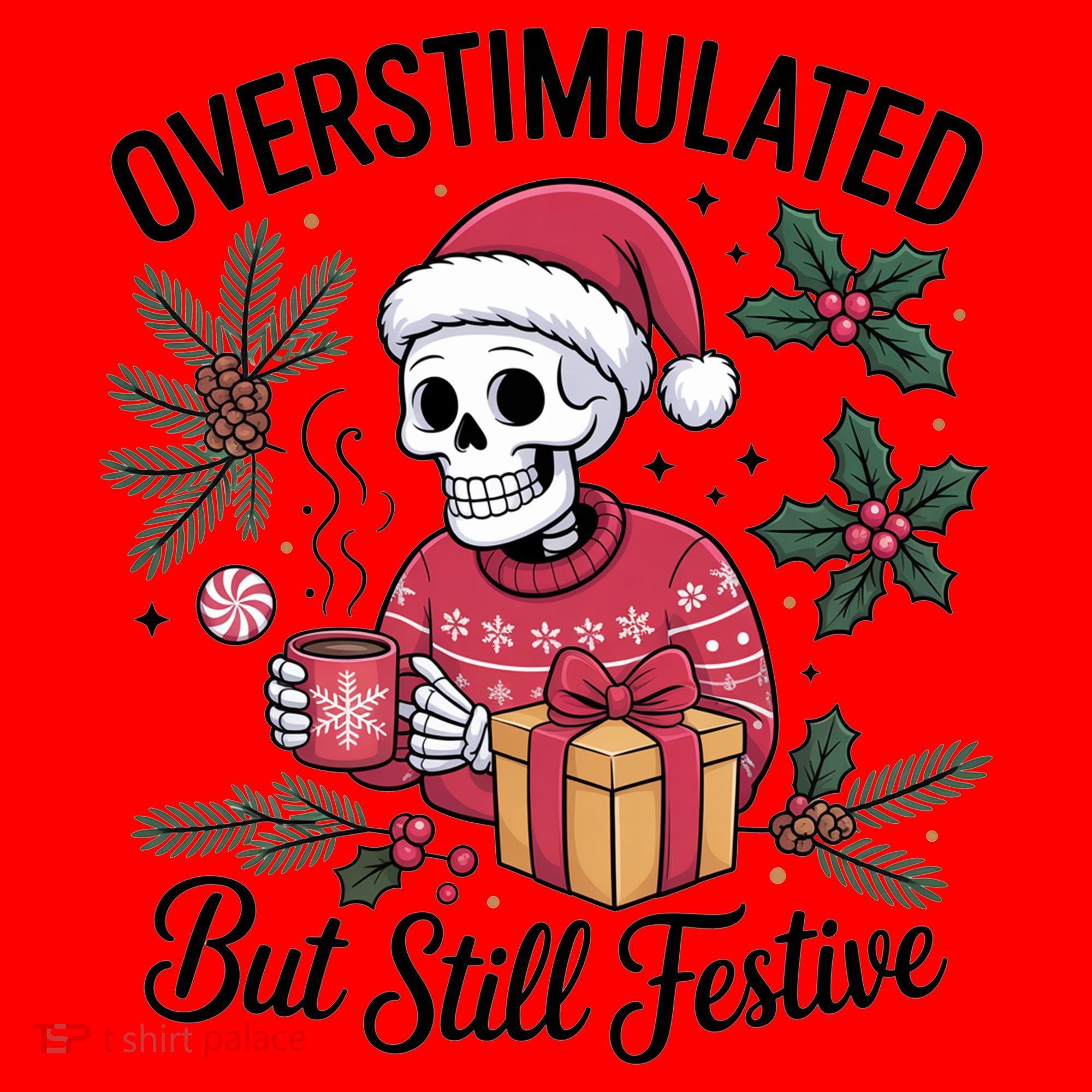 Overstimulated But Still Festive Funny X-mas Skeleton Santa Hat