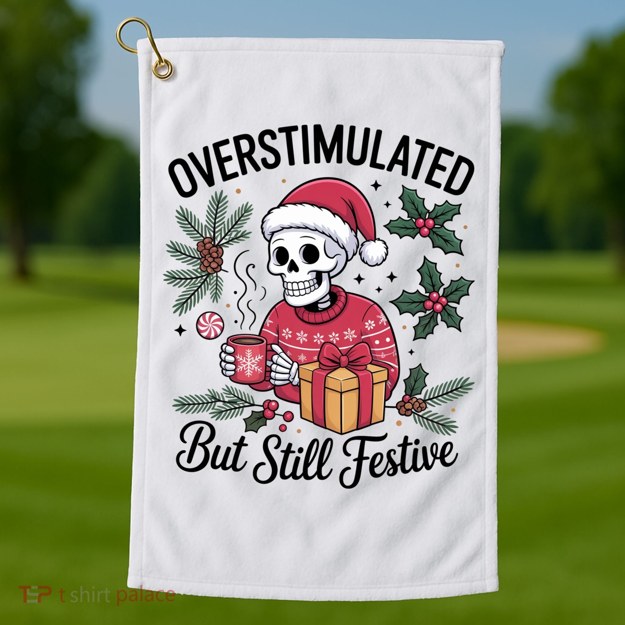 Overstimulated But Still Festive Funny X-mas Skeleton Golf Towel