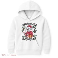Overstimulated But Still Festive Funny X-mas Skeleton Kids Hoodie thumb 0
