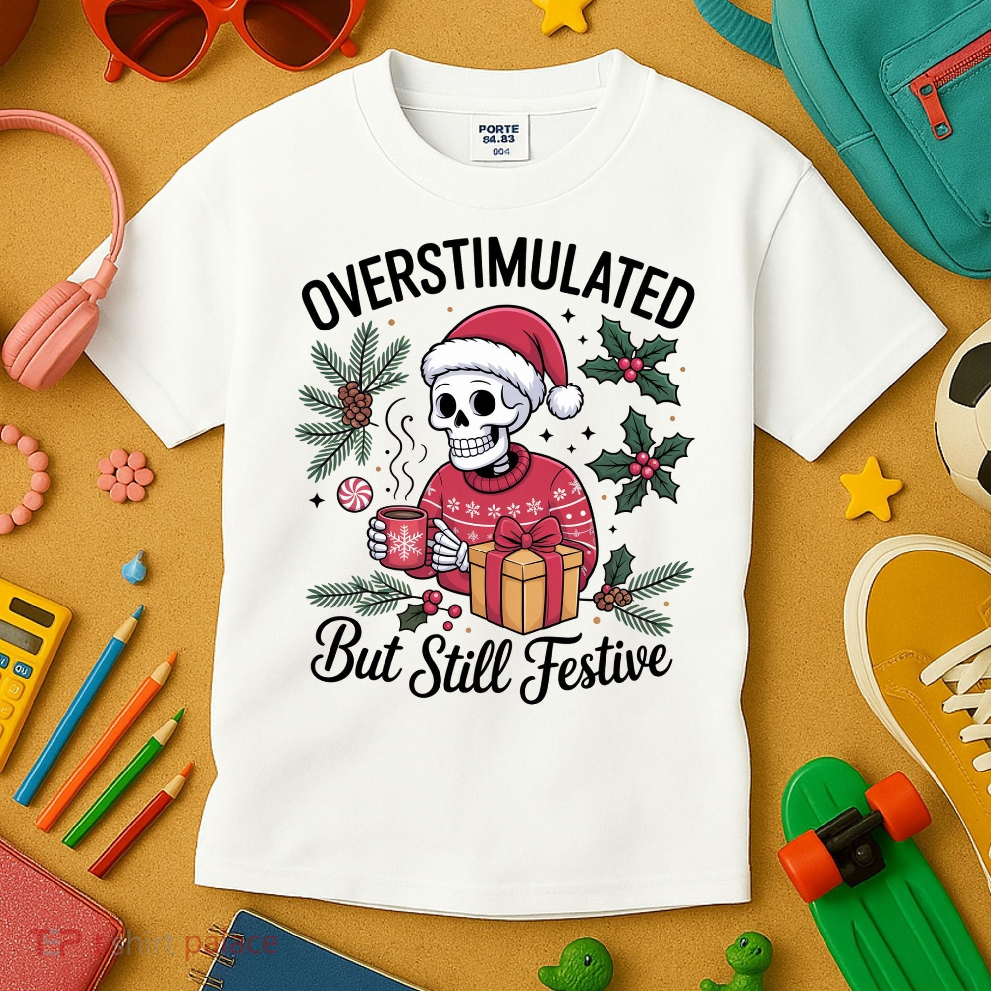 Overstimulated But Still Festive Funny X-mas Skeleton Kids T-Shirt