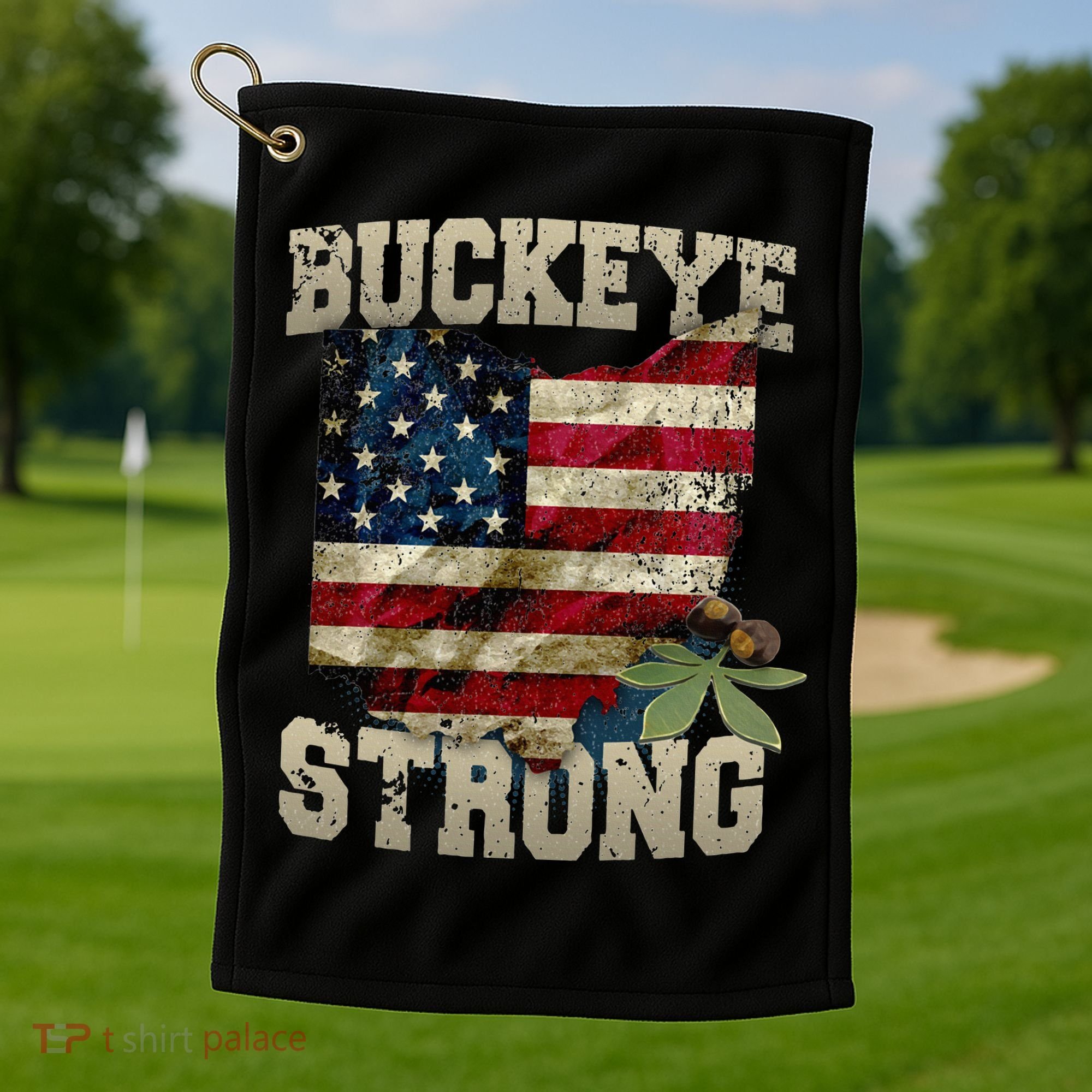 Ohio Buckeye Strong Ohio USA Flag Overlay Golf Towel