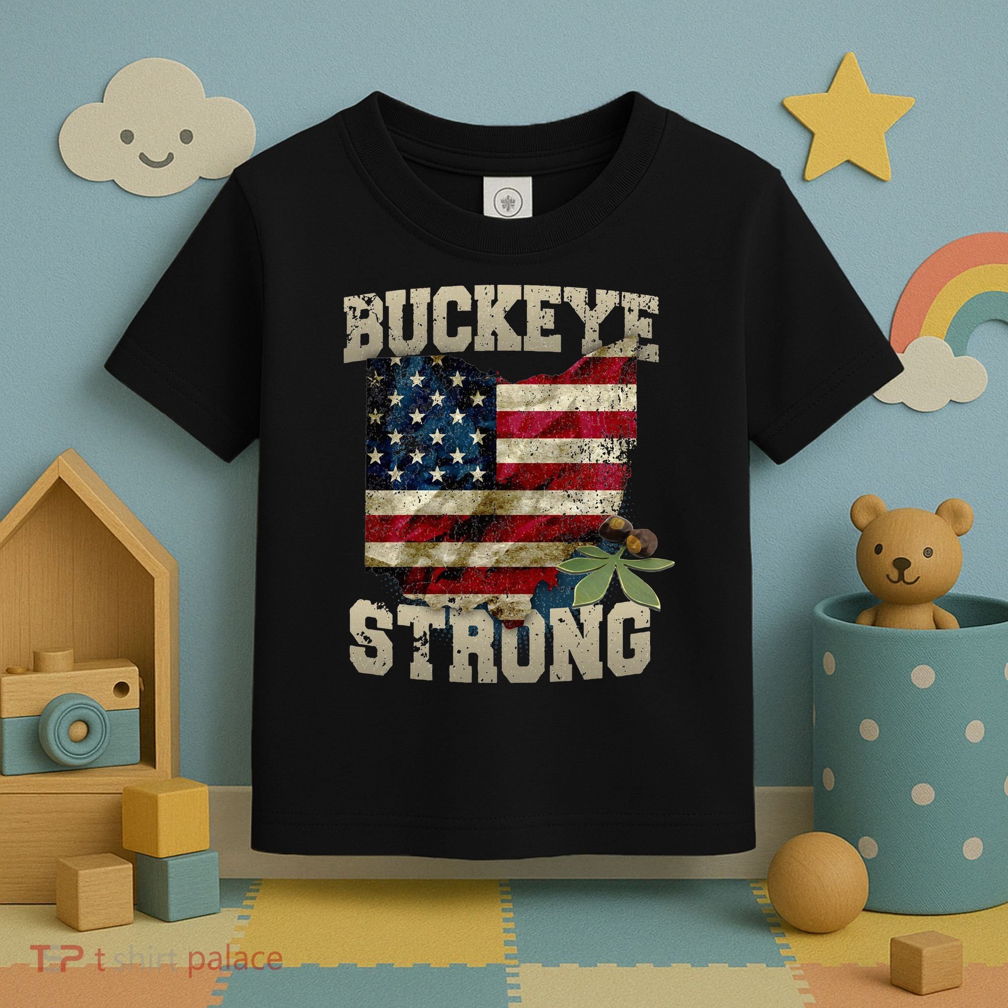 Ohio Buckeye Strong Ohio USA Flag Overlay Toddler T-Shirt