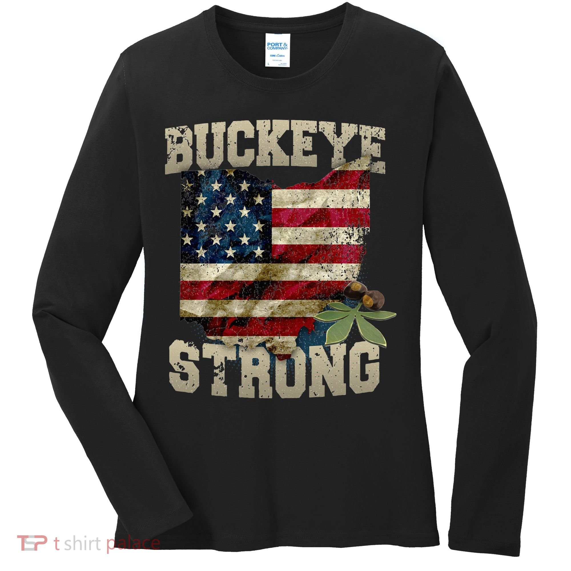 Ohio Buckeye Strong Ohio USA Flag Overlay Women's Long Sleeve Shirt