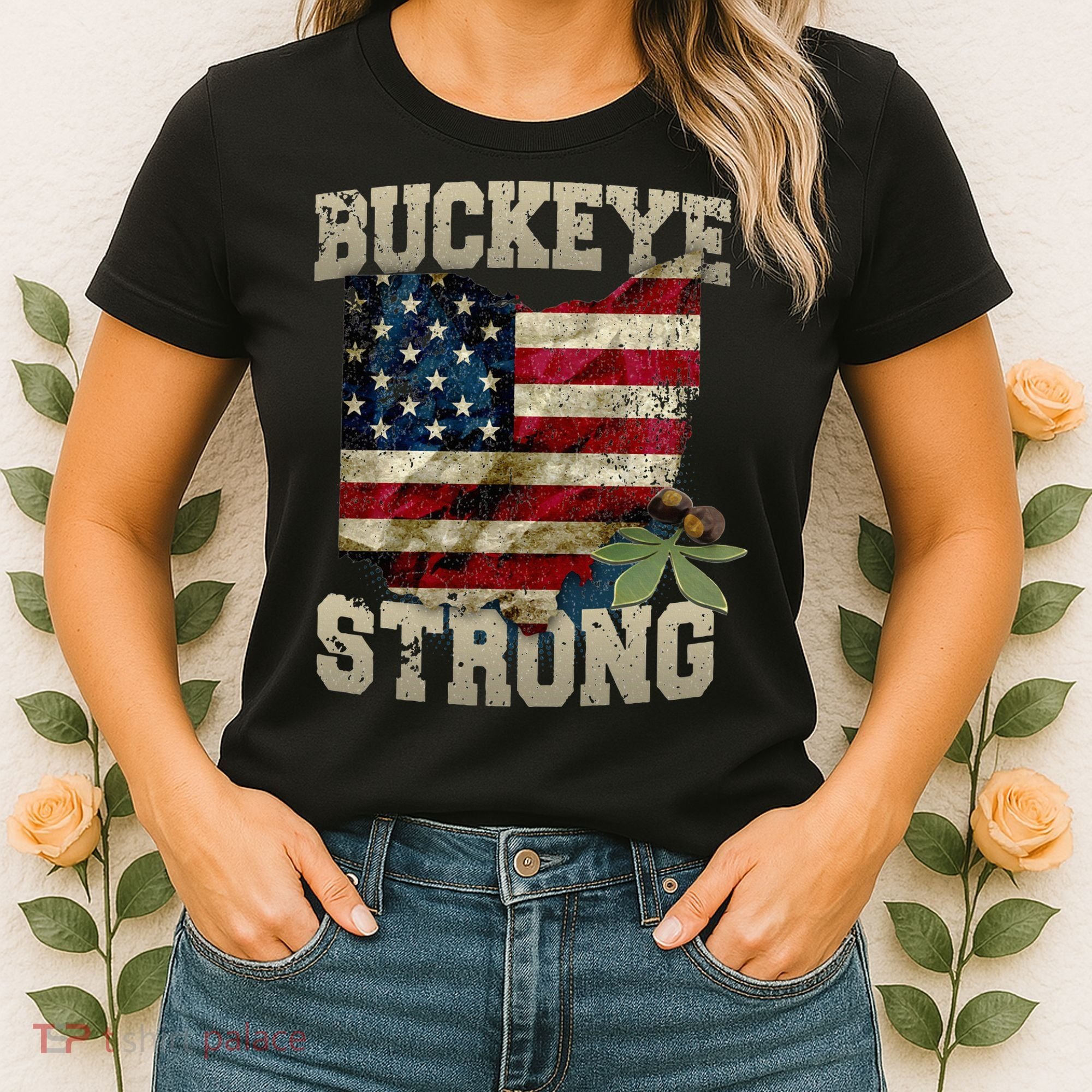 Ohio Buckeye Strong Ohio USA Flag Overlay Women's T-Shirt