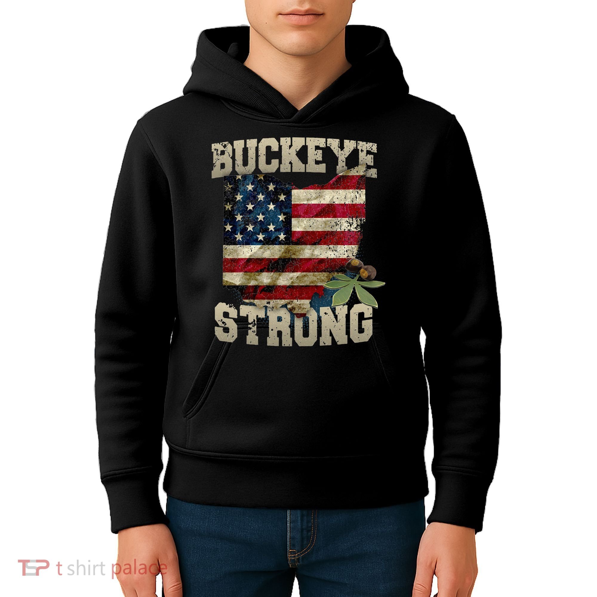 Ohio Buckeye Strong Ohio USA Flag Overlay Kids Hoodie