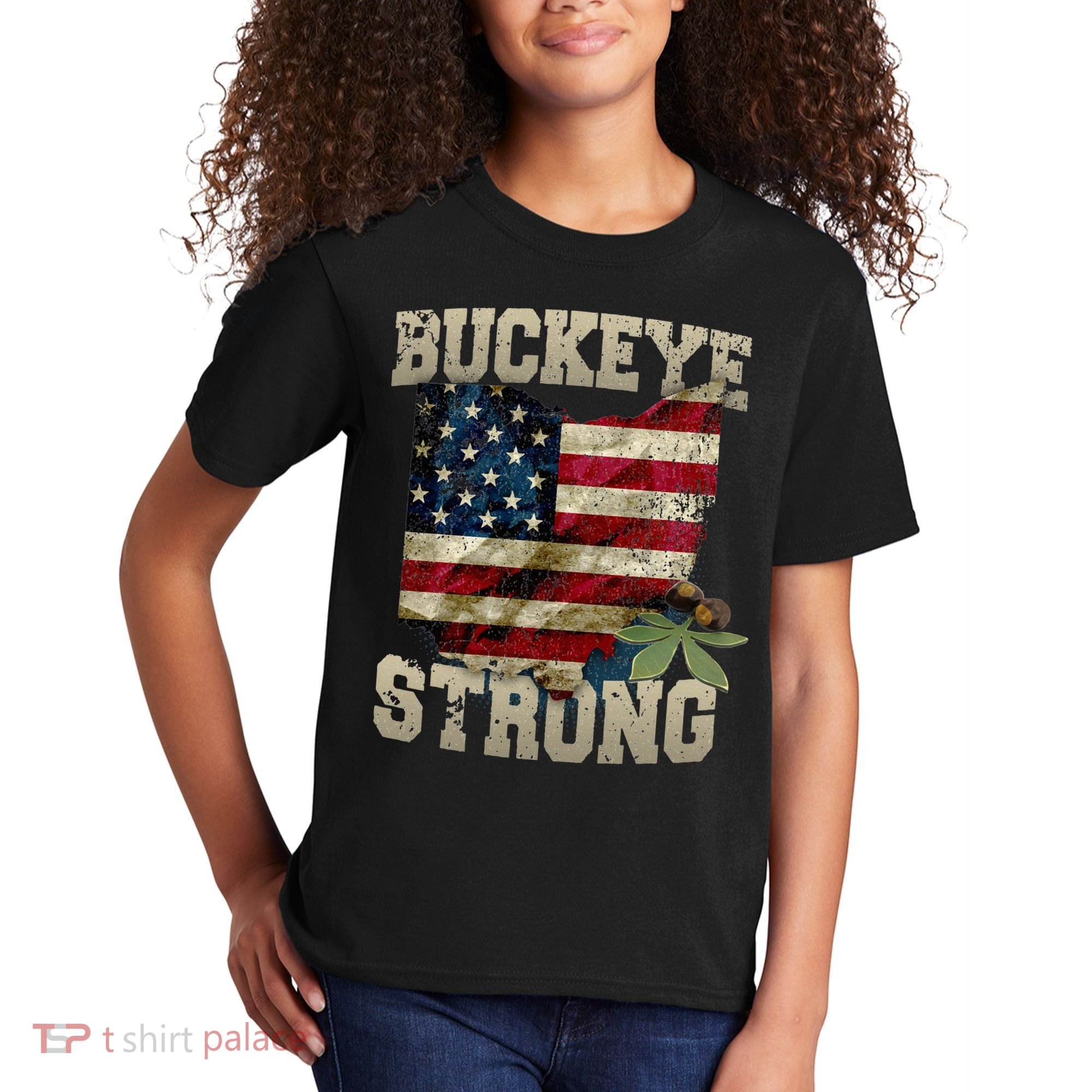 Ohio Buckeye Strong Ohio USA Flag Overlay Kids T-Shirt