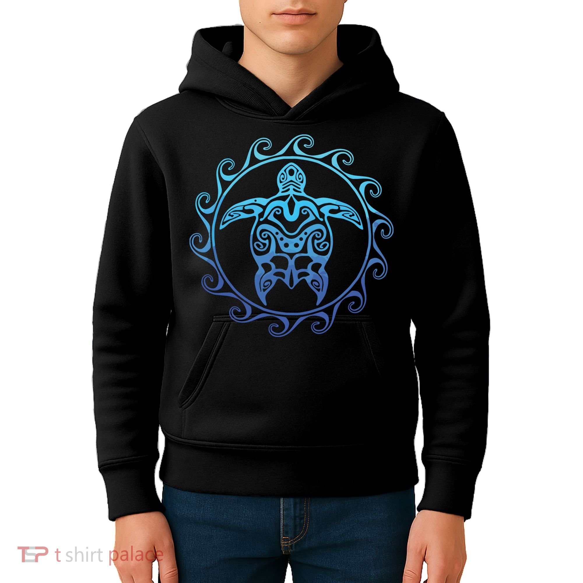 Ocean Blue Tribal Hawaiian Sea Turtle Kids Hoodie