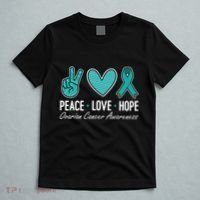 Ovarian Cancer Awareness Peace Love Hope I Wear Teal Ribbon T-Shirt thumb 5