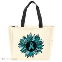 Ovarian Cancer Awareness Sunflower Teal Ribbon Leopard Tote Bag thumb 0