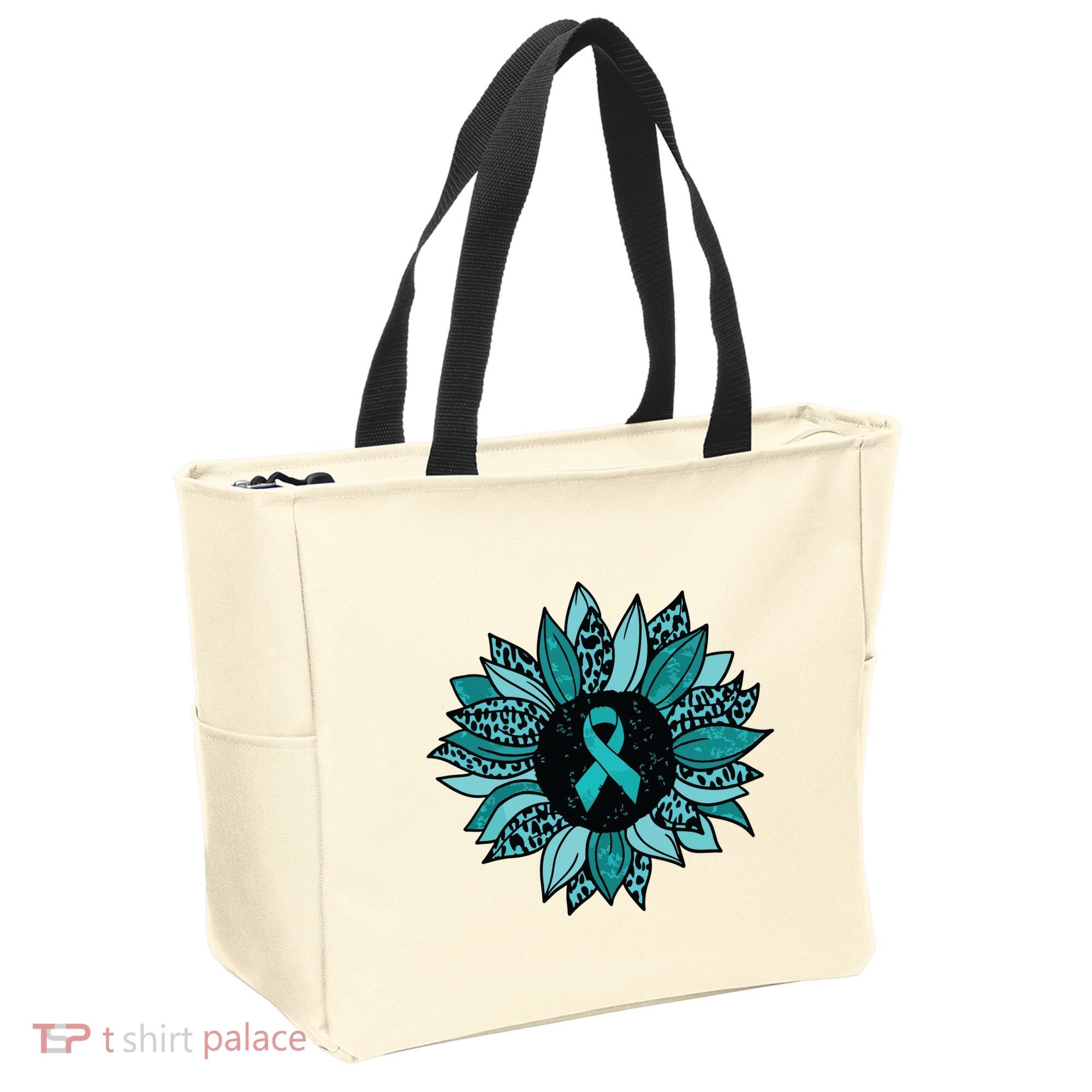Ovarian Cancer Awareness Sunflower Teal Ribbon Leopard Tote Bag