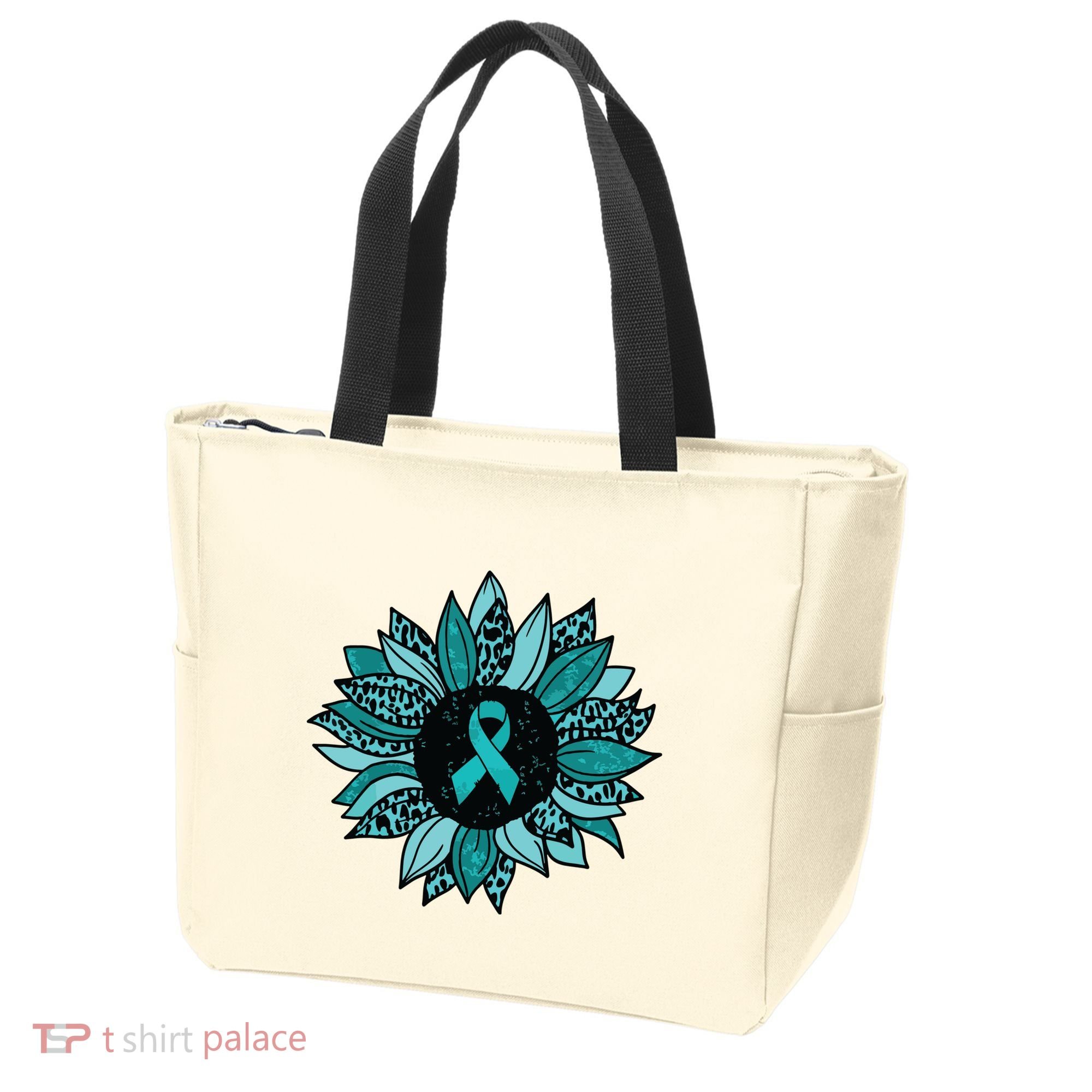 Ovarian Cancer Awareness Sunflower Teal Ribbon Leopard Tote Bag