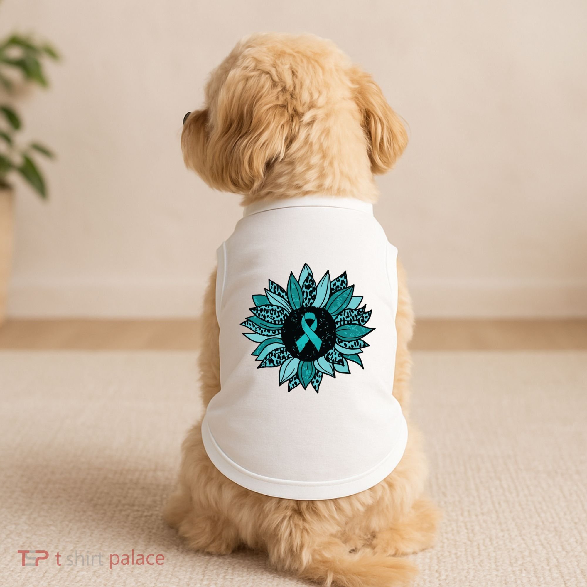 Ovarian Cancer Awareness Sunflower Teal Ribbon Leopard Doggie Tank