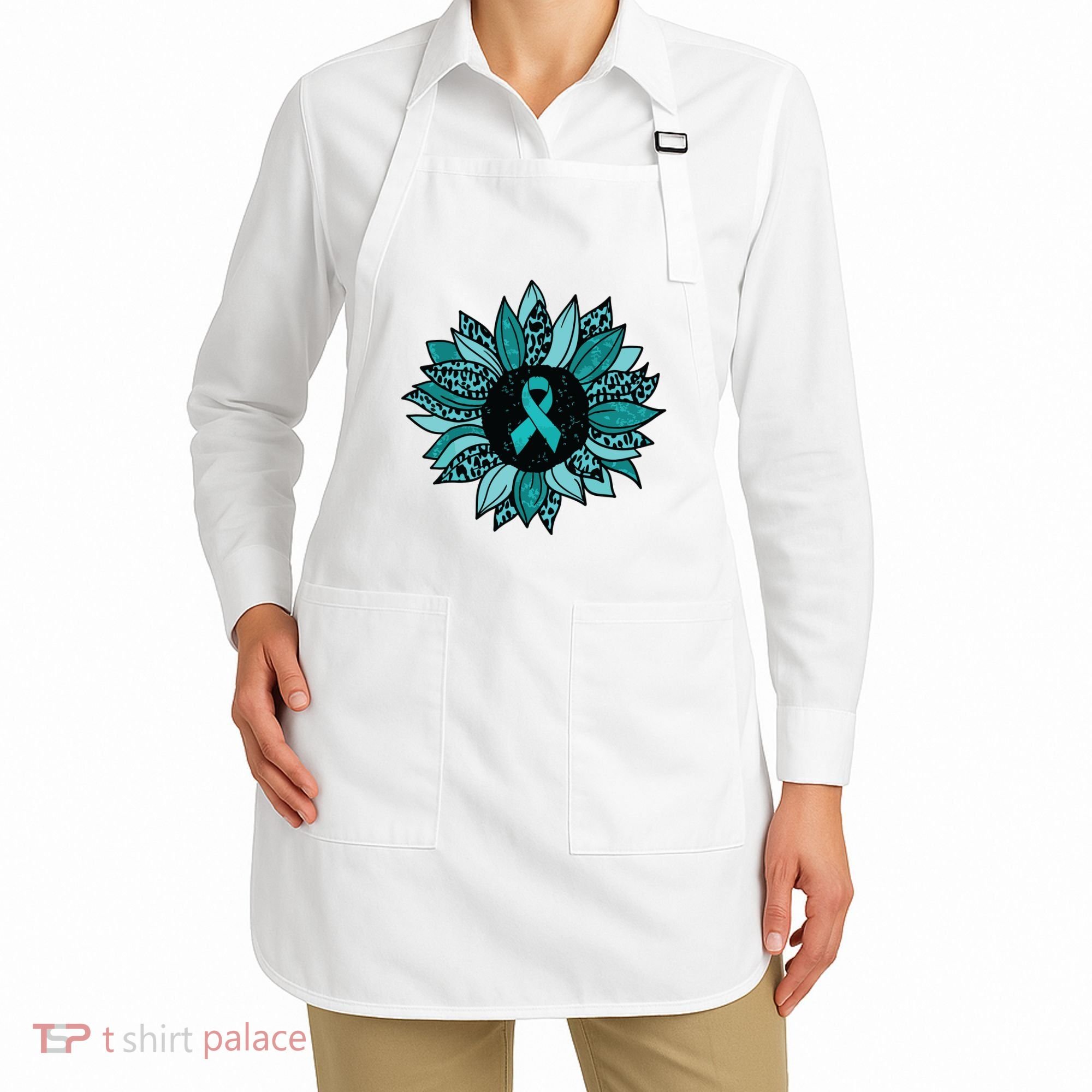 Ovarian Cancer Awareness Sunflower Teal Ribbon Leopard Apron