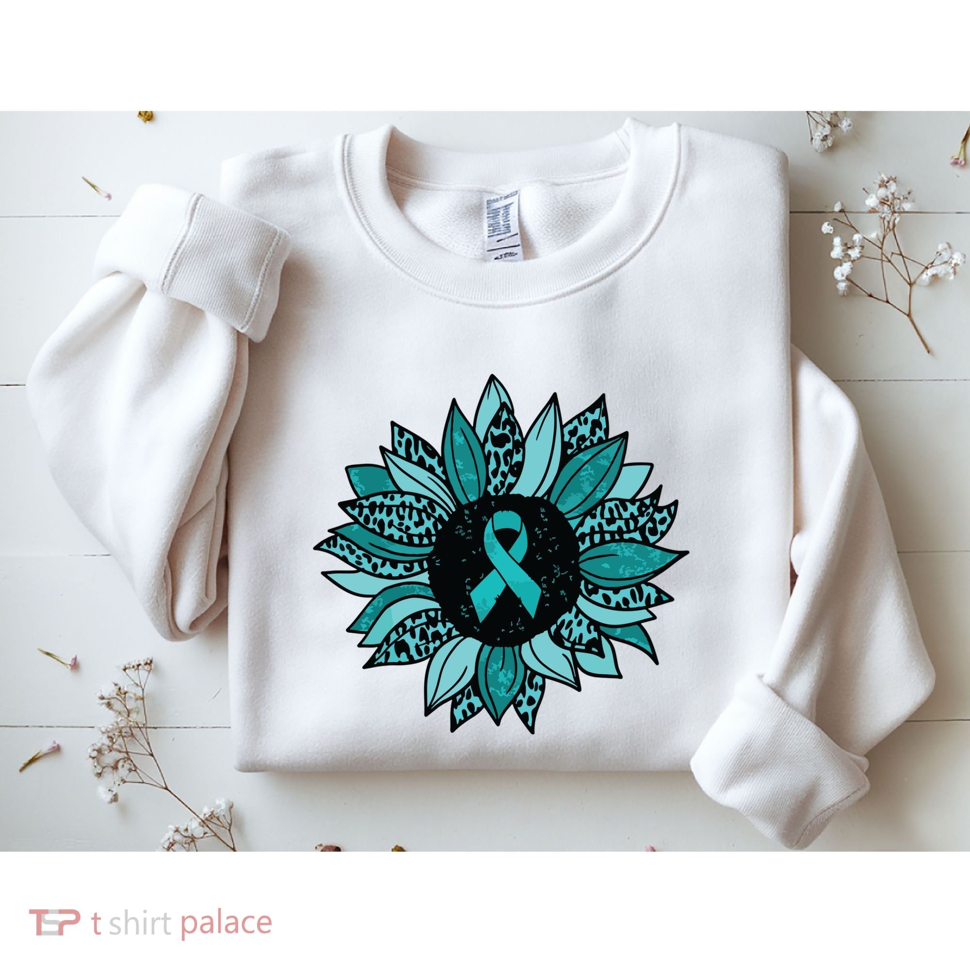 Ovarian Cancer Awareness Sunflower Teal Ribbon Leopard Sweatshirt