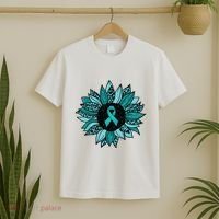 Ovarian Cancer Awareness Sunflower Teal Ribbon Leopard T-Shirt thumb 2