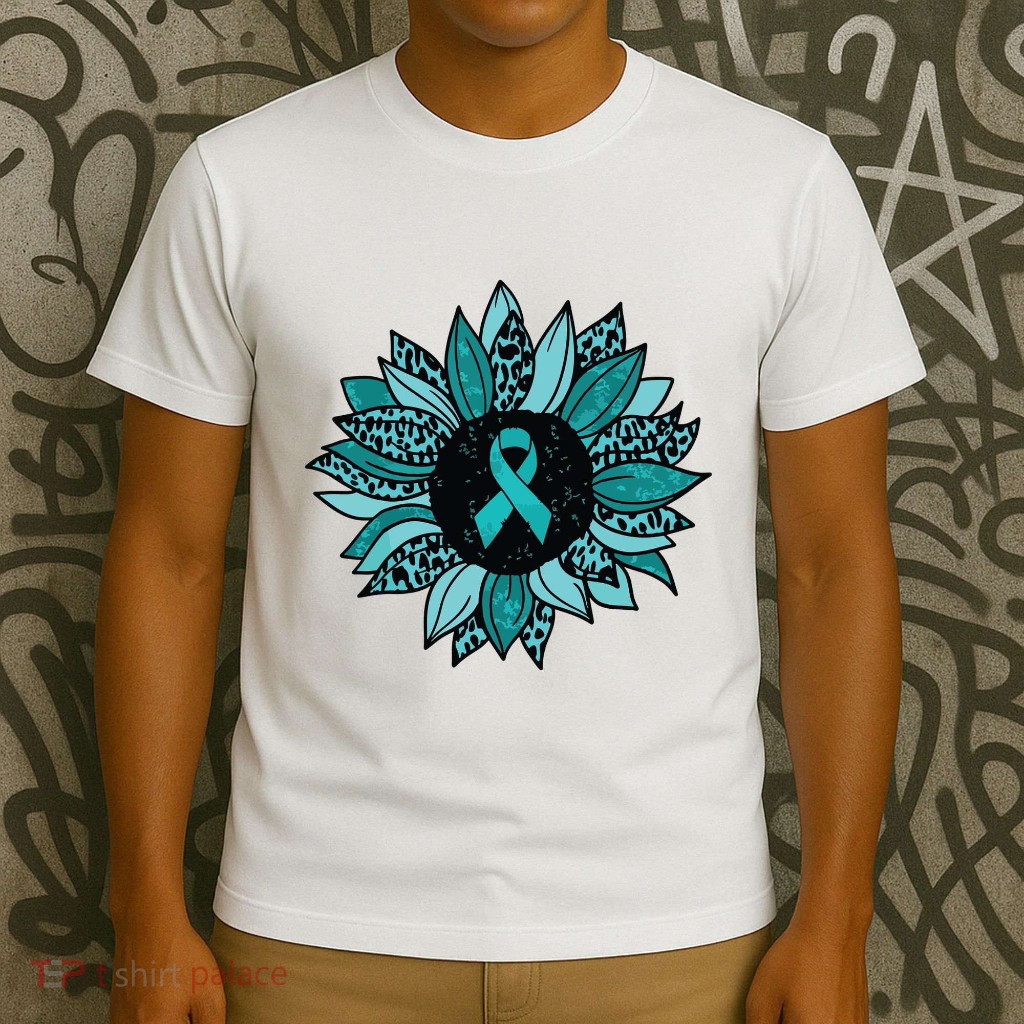 Ovarian Cancer Awareness Sunflower Teal Ribbon Leopard T-Shirt