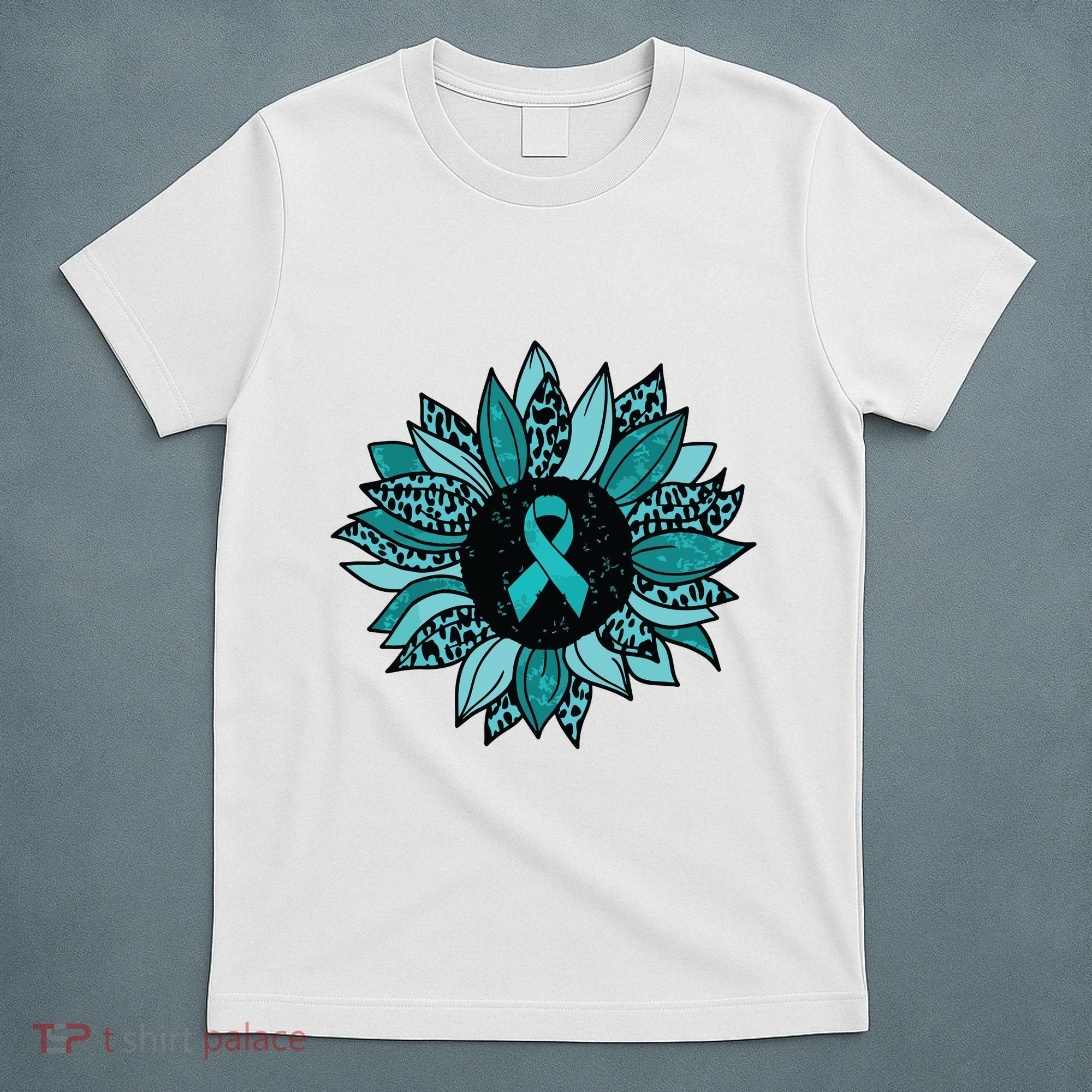 Ovarian Cancer Awareness Sunflower Teal Ribbon Leopard T-Shirt