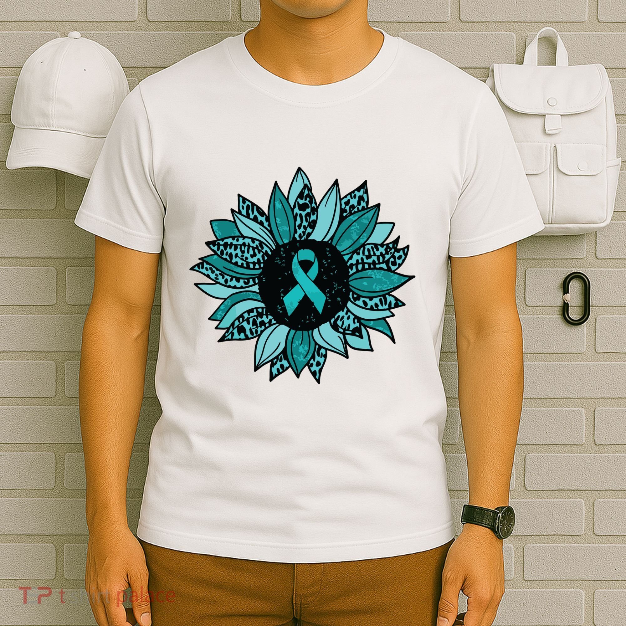 Ovarian Cancer Awareness Sunflower Teal Ribbon Leopard T-Shirt