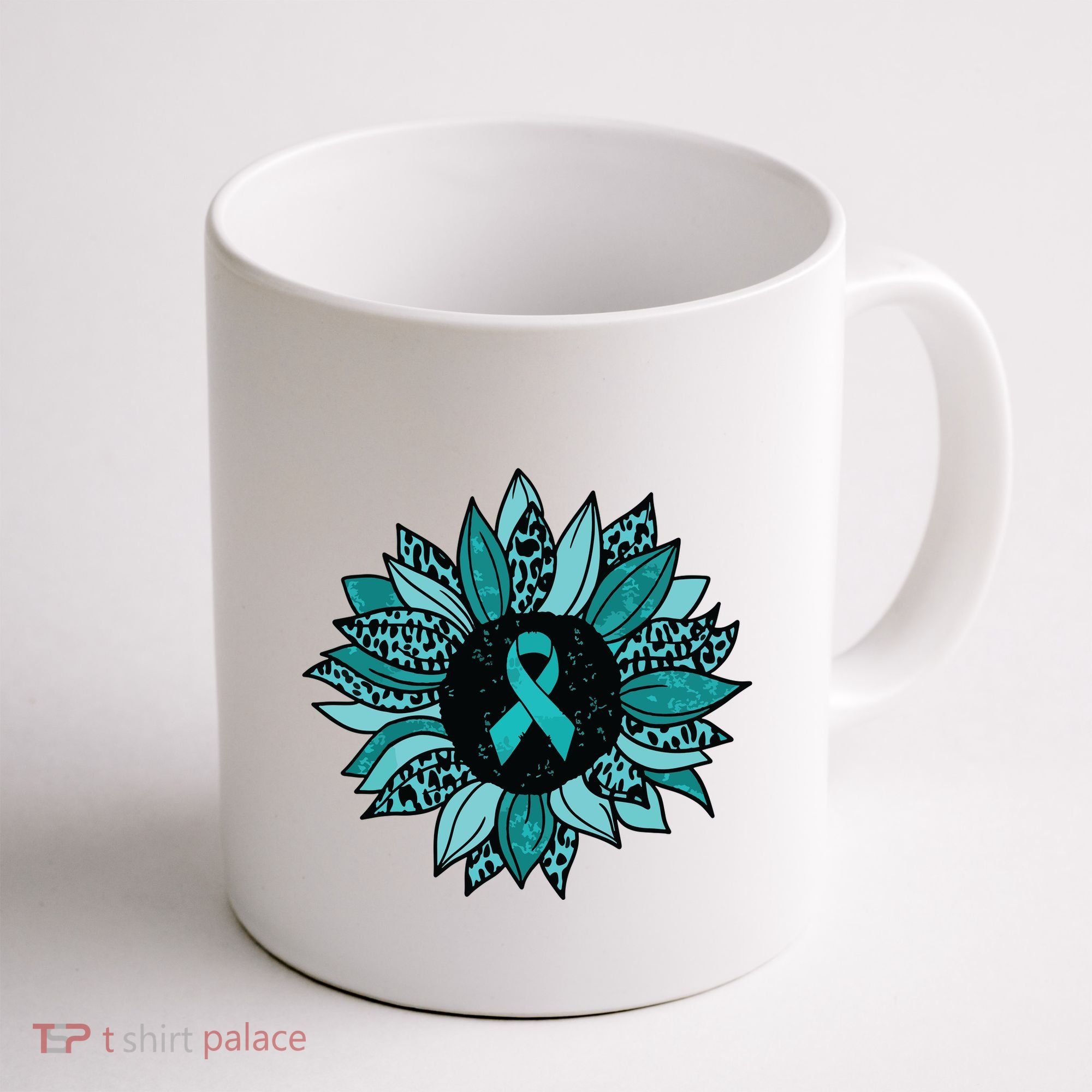 Ovarian Cancer Awareness Sunflower Teal Ribbon Leopard Coffee Mug