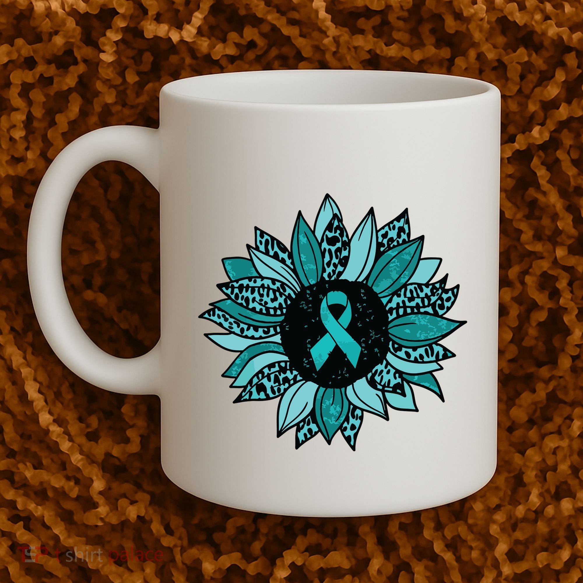 Ovarian Cancer Awareness Sunflower Teal Ribbon Leopard Coffee Mug