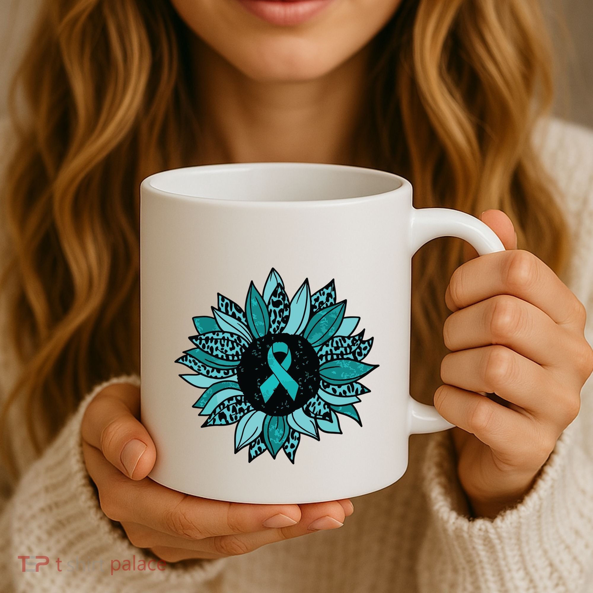 Ovarian Cancer Awareness Sunflower Teal Ribbon Leopard Coffee Mug