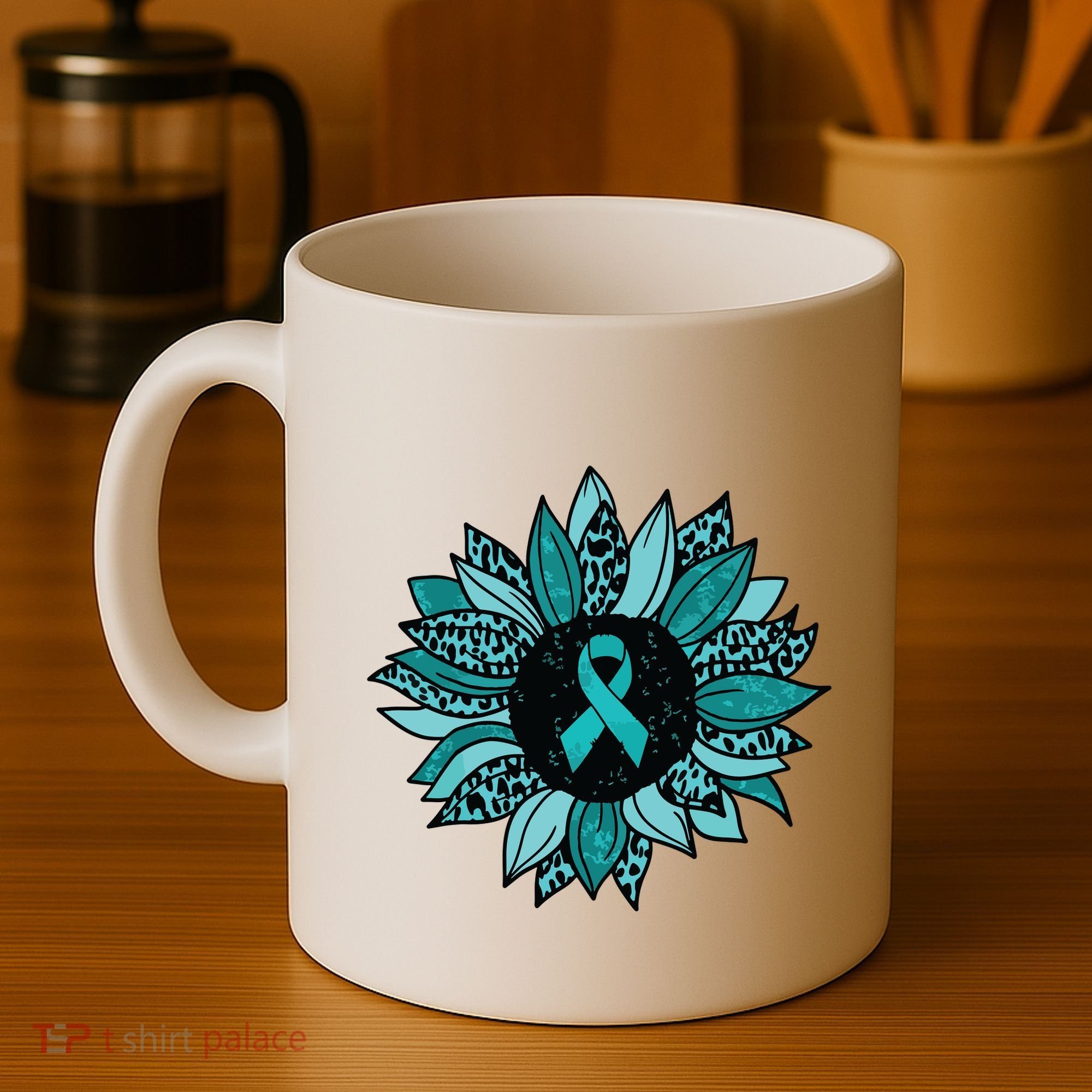 Ovarian Cancer Awareness Sunflower Teal Ribbon Leopard Coffee Mug