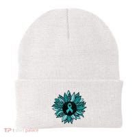 Ovarian Cancer Awareness Sunflower Teal Ribbon Leopard Beanie thumb 0