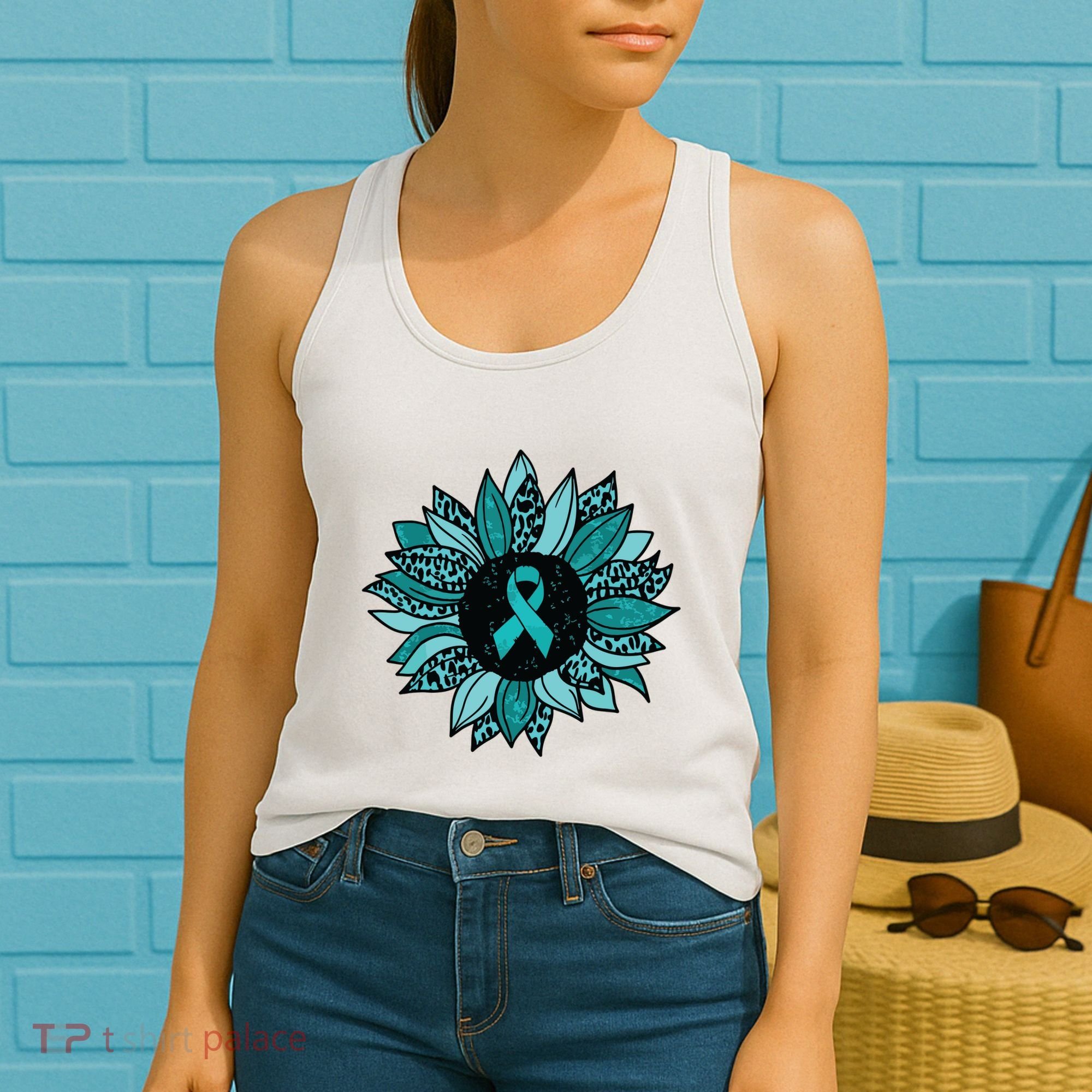Ovarian Cancer Awareness Sunflower Teal Ribbon Leopard Women's Tank Top