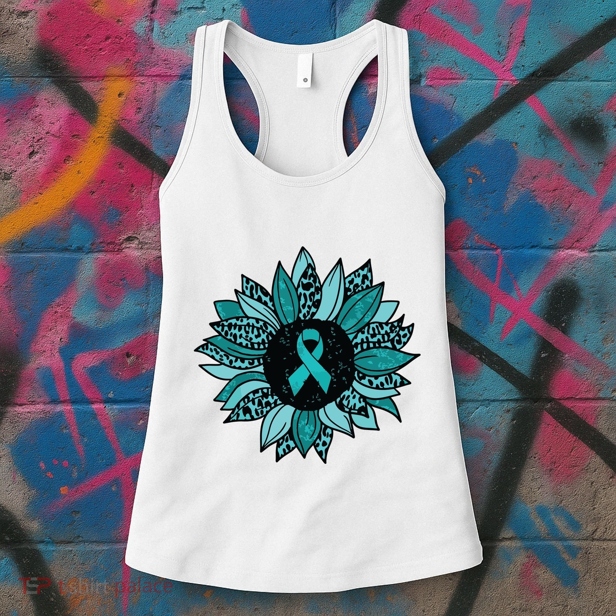Ovarian Cancer Awareness Sunflower Teal Ribbon Leopard Women's Tank Top