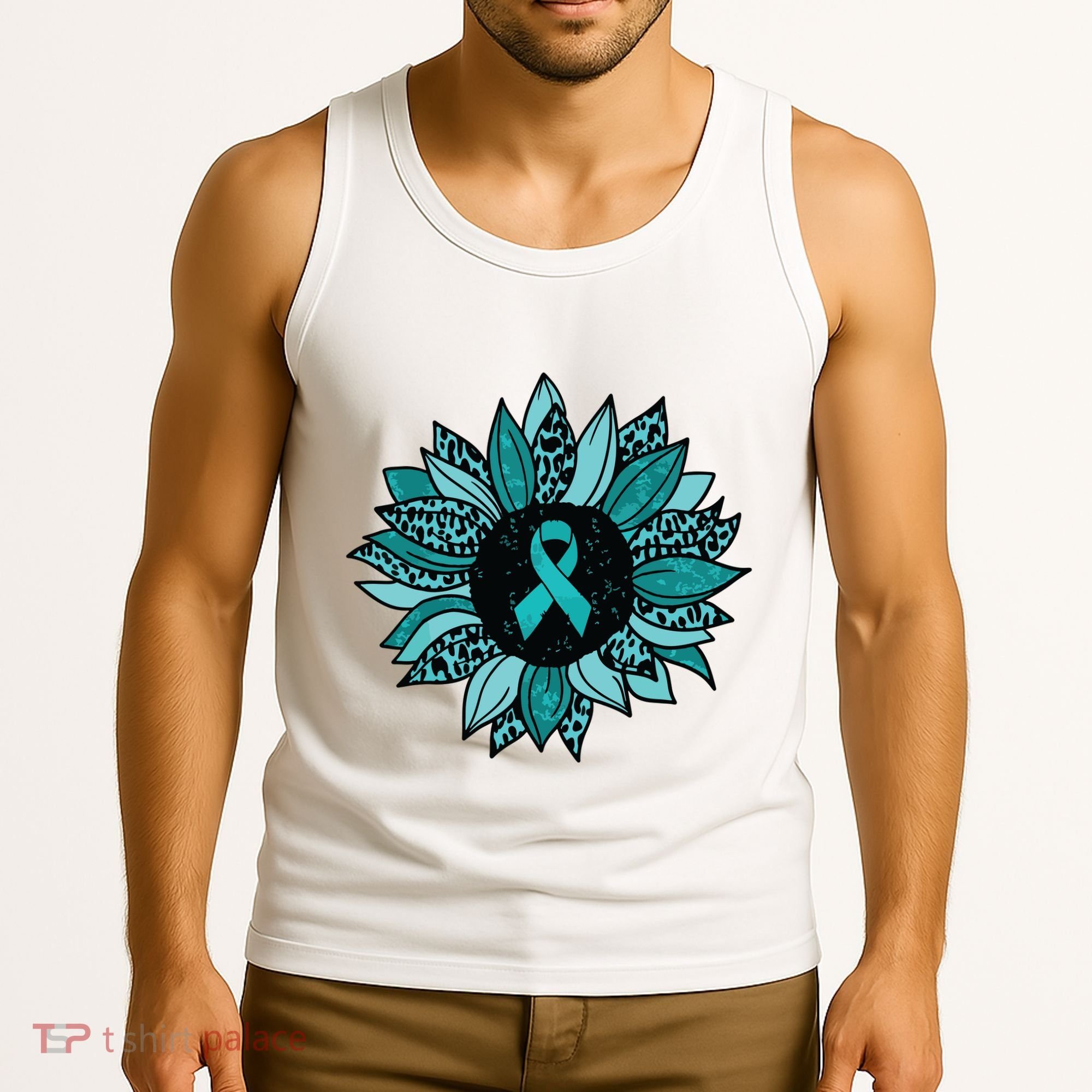 Ovarian Cancer Awareness Sunflower Teal Ribbon Leopard Tank Top