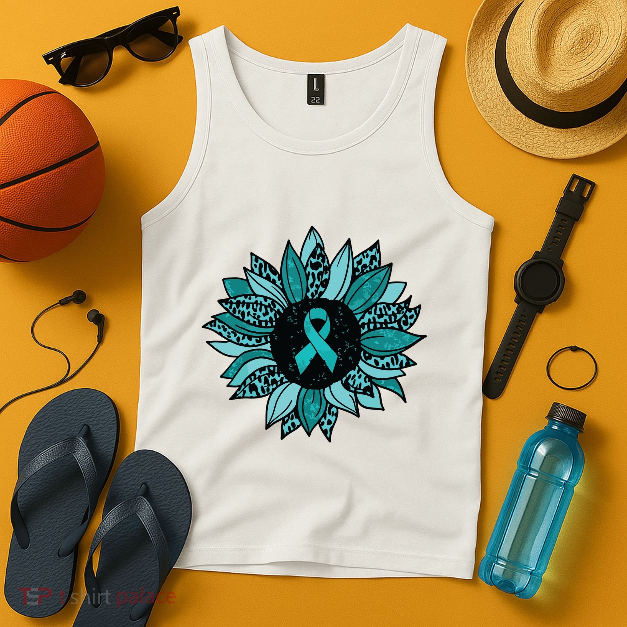 Ovarian Cancer Awareness Sunflower Teal Ribbon Leopard Tank Top