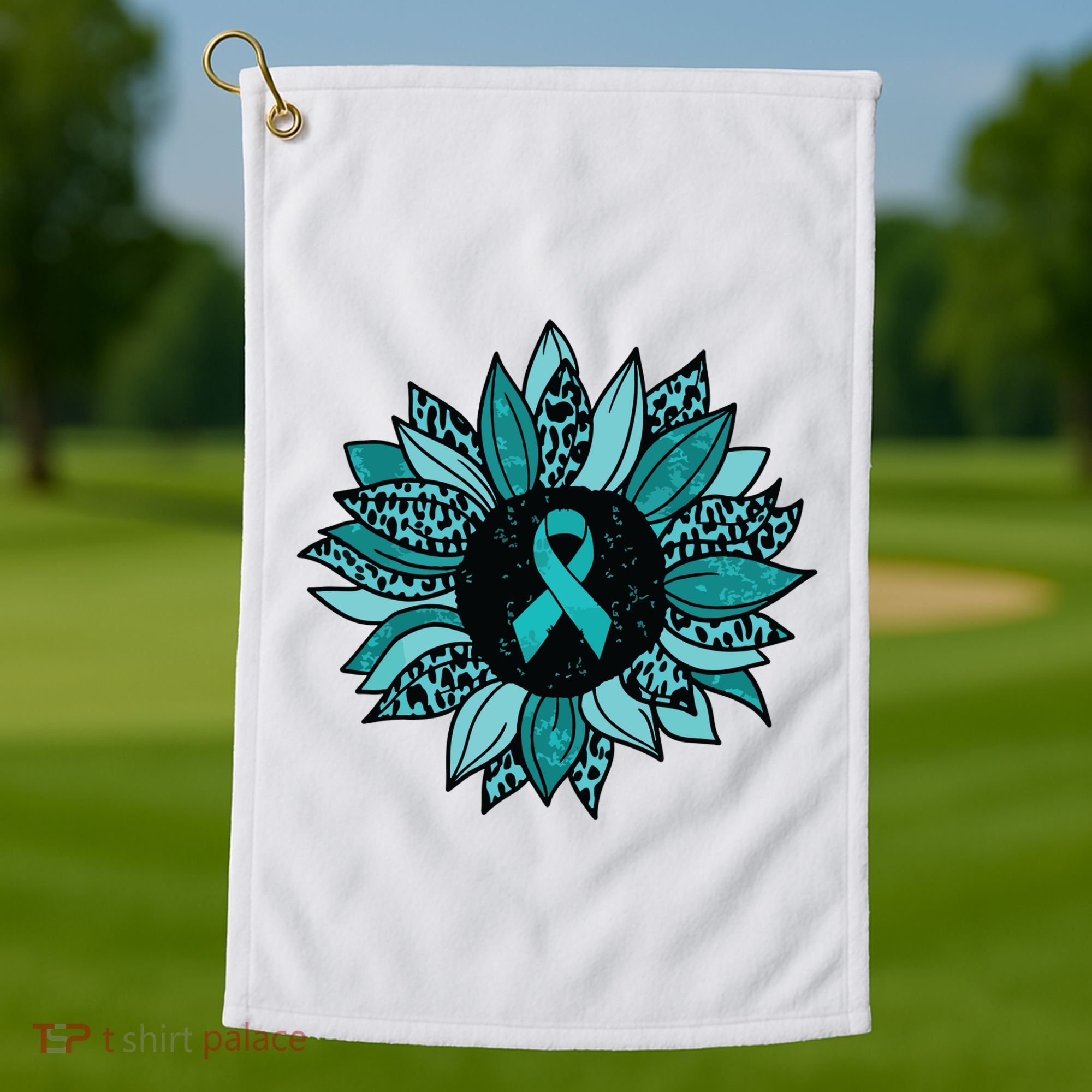 Ovarian Cancer Awareness Sunflower Teal Ribbon Leopard Golf Towel